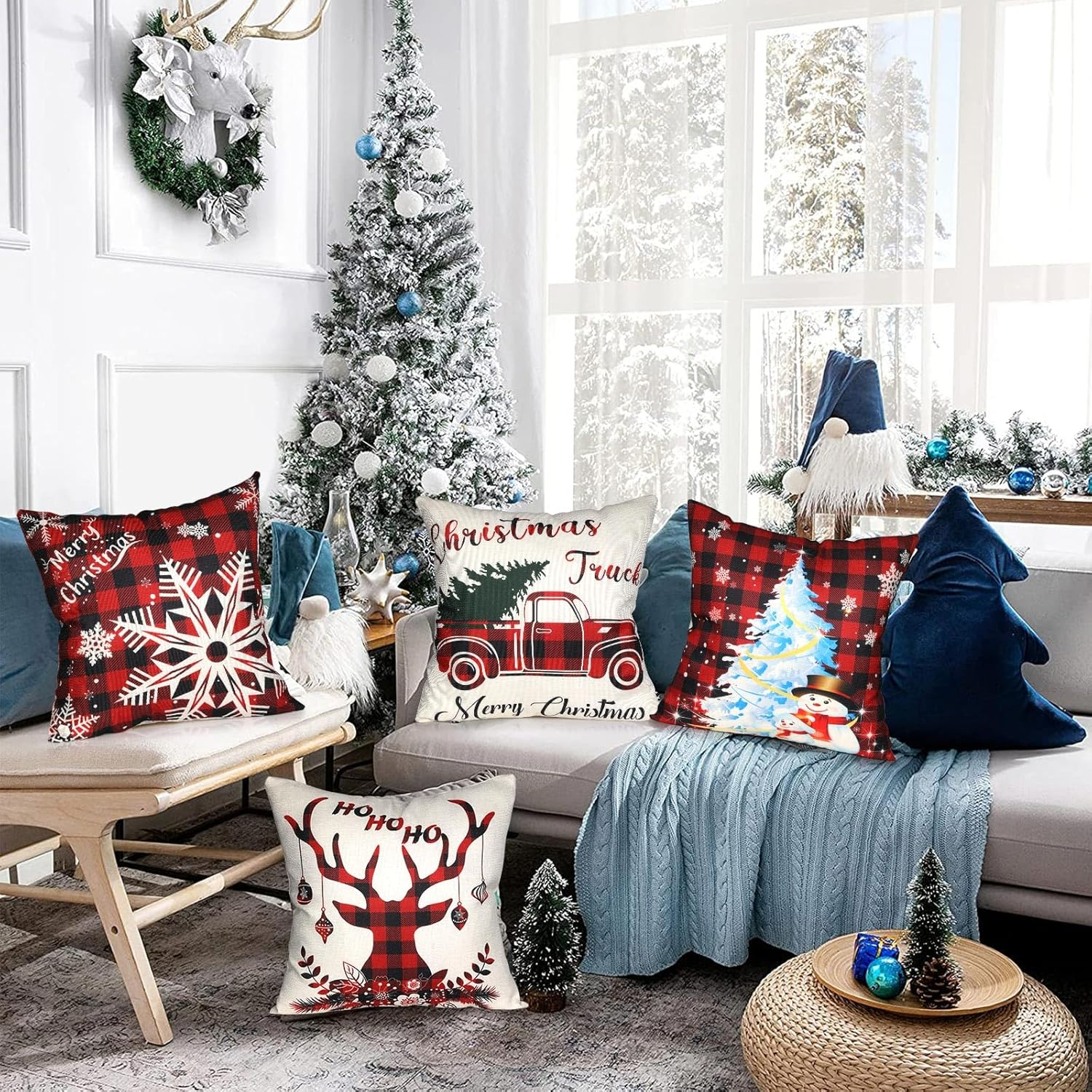Bighan Christmas Pillow Covers, 18 X 18 Inch Throw Pillow Case Cushion Cover Linen Christmas Decorations, Red Plaid image number 1