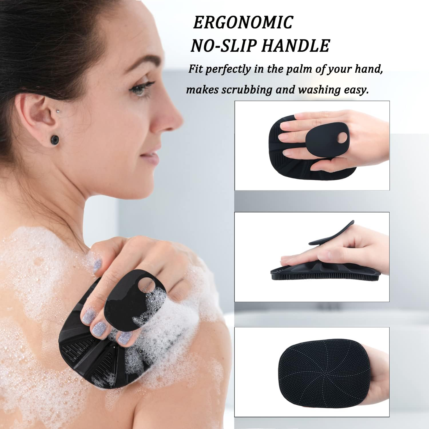 Hieerbus Silicone Body Scrubber Shower Bath Brush for Men Women Nourishing, Cleaning & Exfoliating - No-Slip Handle,Lather Well, Long Lasting, Easy to Clean & More Hygienic Loofah,1 Pack,Black