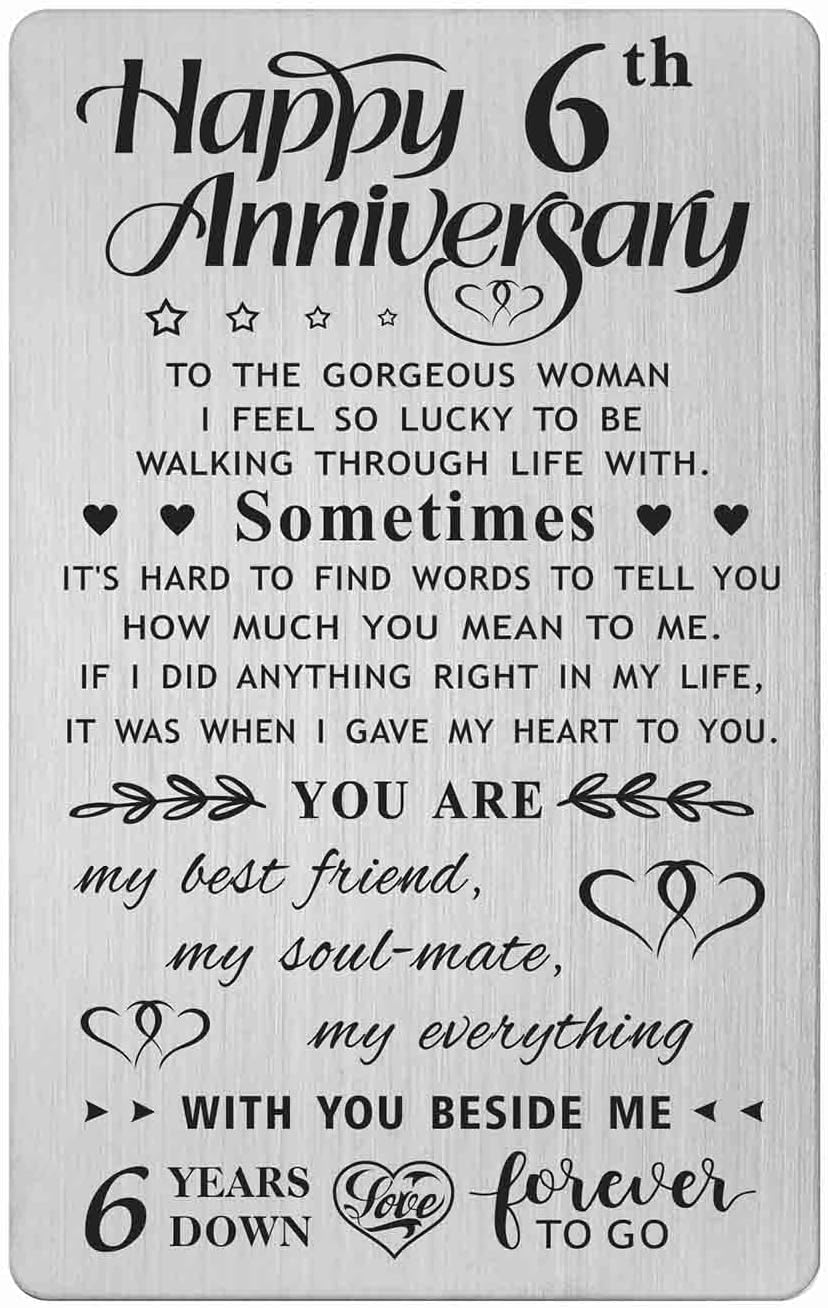 6Th Wedding Anniversary Card Gifts for Him Husband, Happy 6 Year Anniversary Card Presents, Metal Engraved Wallet Card image number 1