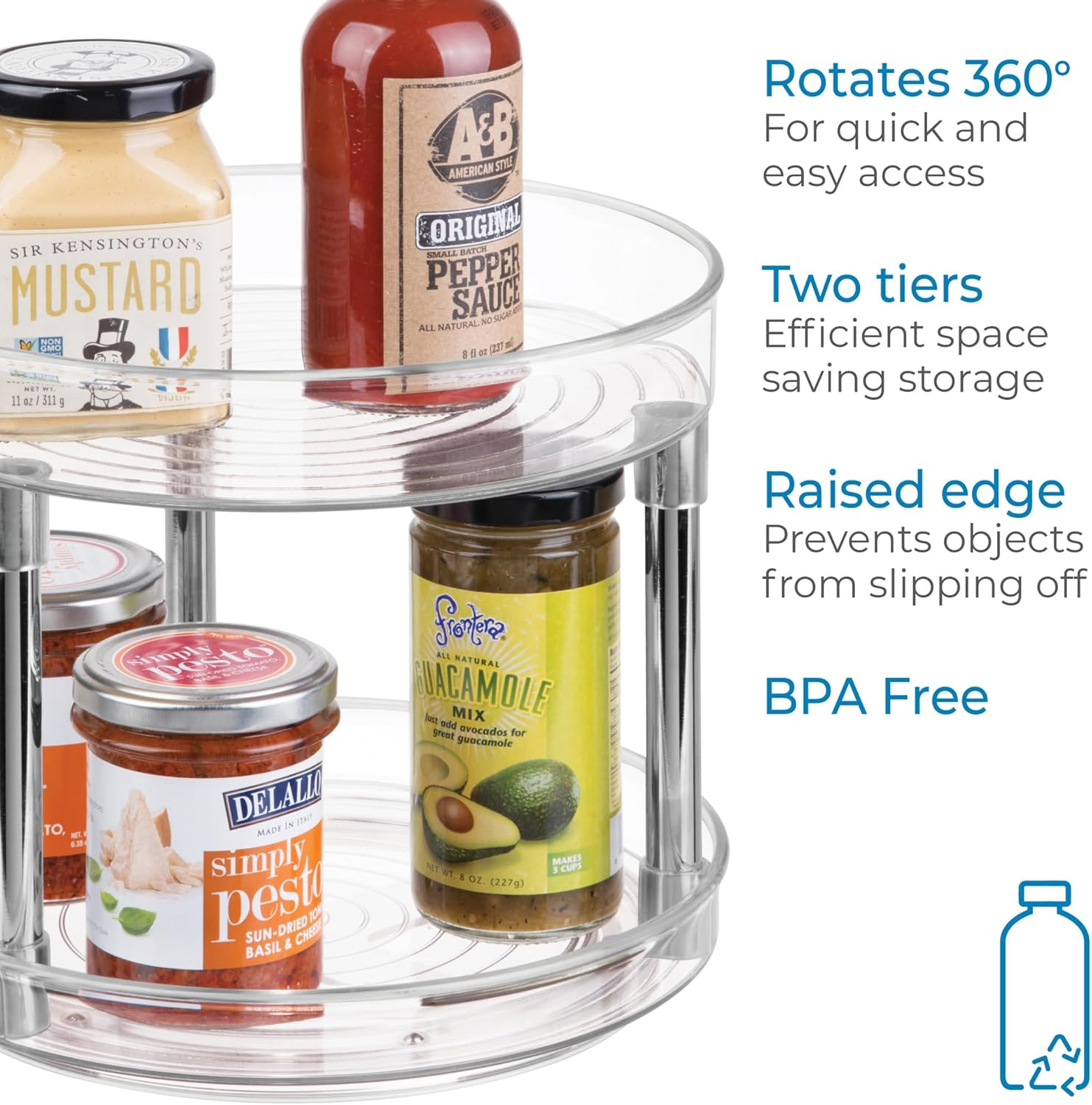 Idesign Rotatable Spice Rack with 2 Tiers, Small Plastic Kitchen Cupboard Storage for Spices and Condiments, Rotating Spice Jars Holder for Kitchen and Pantry, Clear image number 4