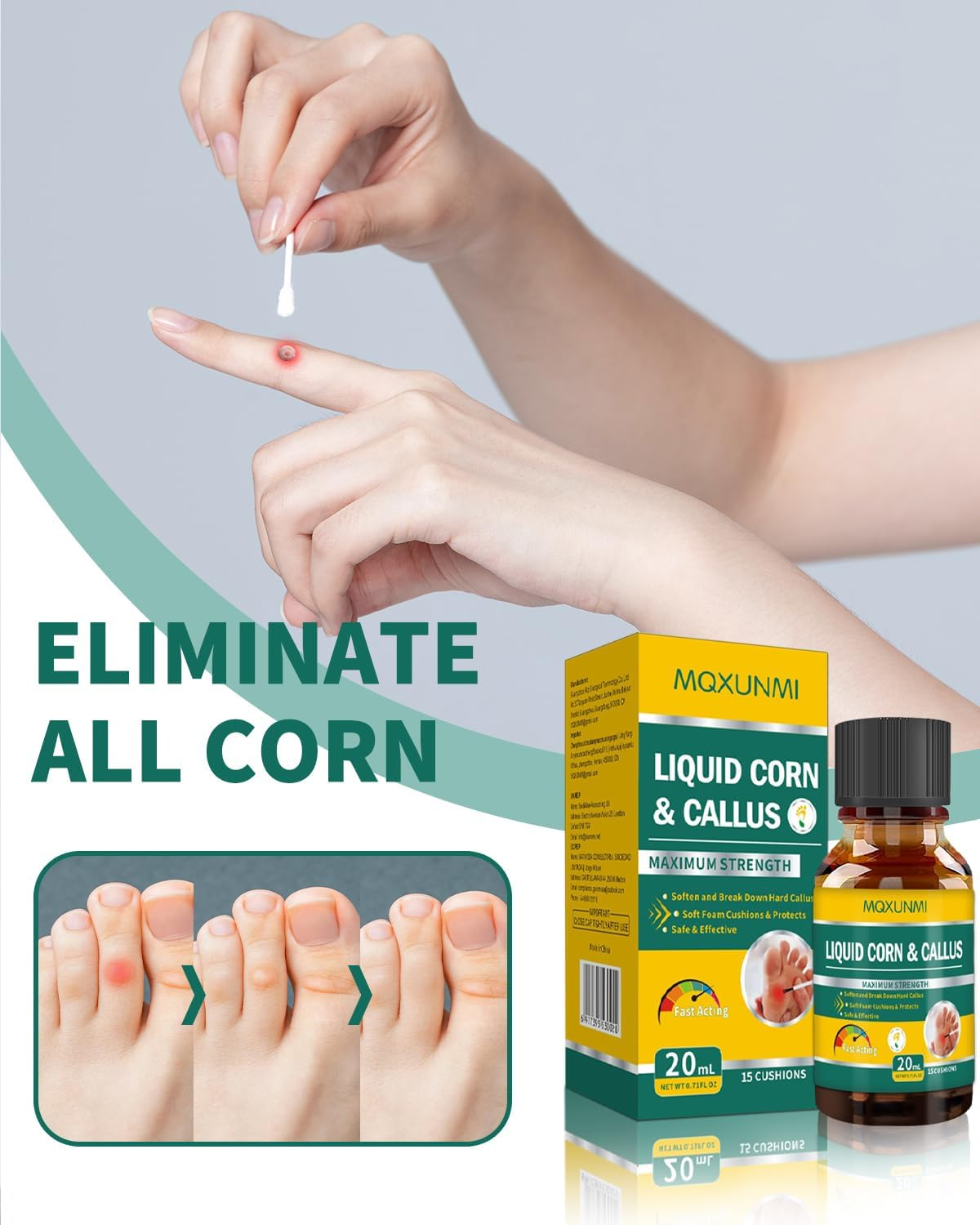 Liquid Corn Removers for Feet, Maximum Strength Corn Removers for Toes, Fast Acting Liquid for Corn, Safe Foot Care with 15 PCS Corn Cushions