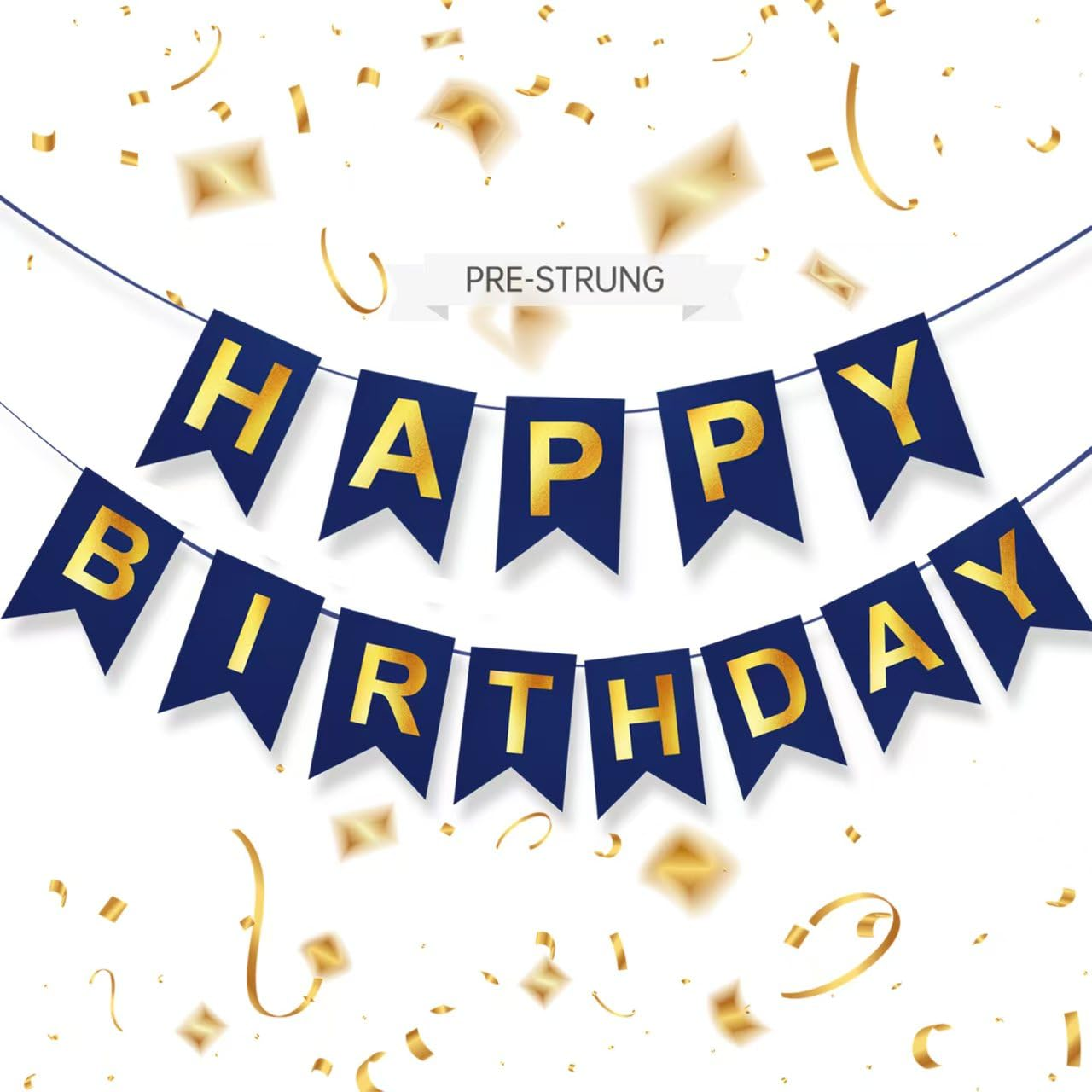 Blue Happy Birthday Banner,Navy Blue and Gold Birthday Party Decorations Sigh for Birthday Decor,Backdrop Birthday Party Supplies,No DIY for Girls Boys Kids and Women Party Hanging(Pre-Strung,16Ft)