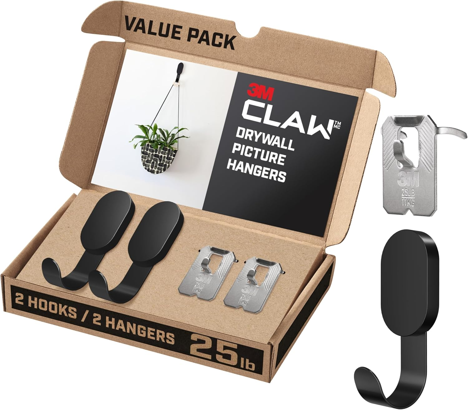 3M Claw 25 Lb. Drywall Hooks and Picture Hangers Set, Heavyweight Hanging Solution for Home D&eacute;cor and Room Decor, 2 Matte Black Hooks and 2 Picture Hangers image number 1