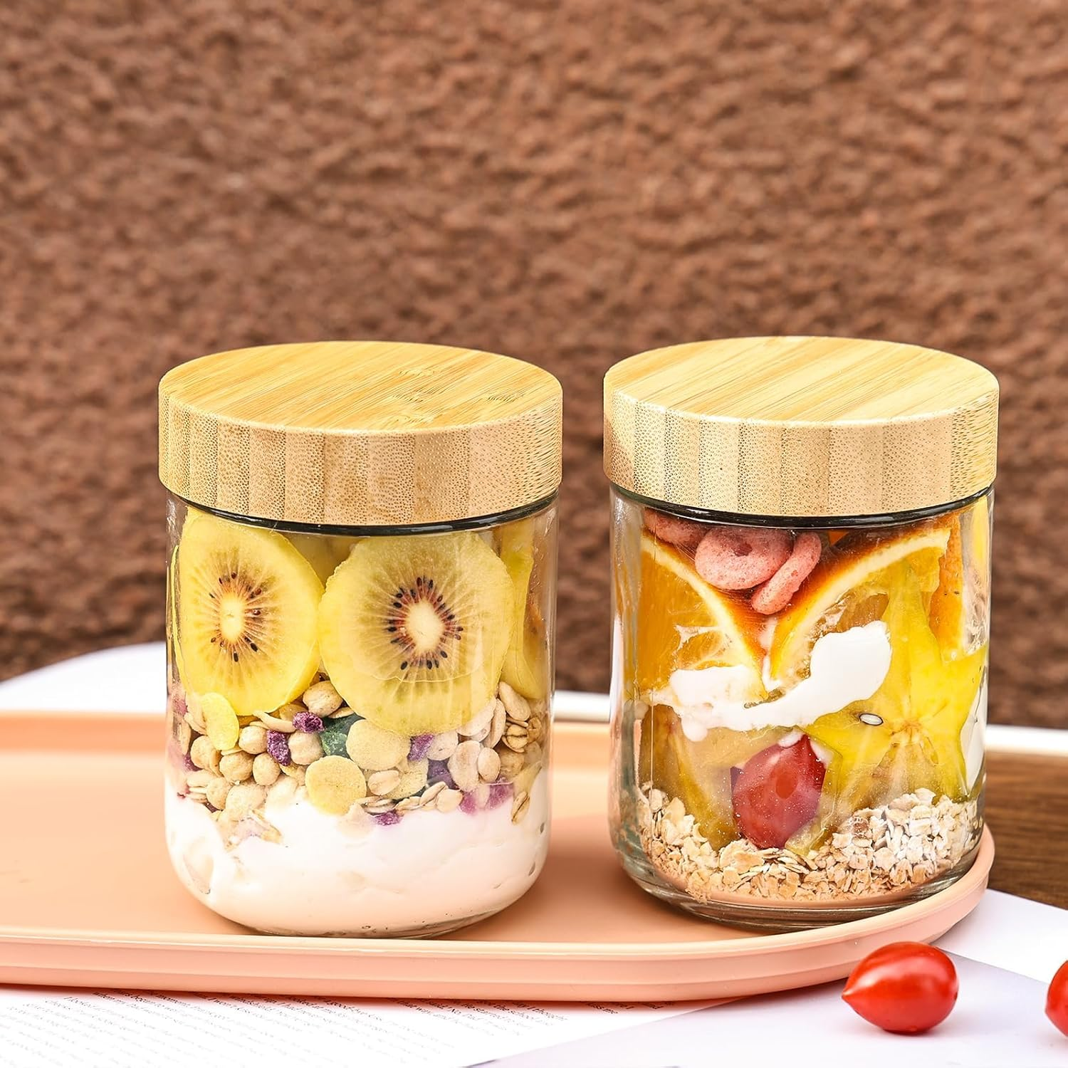 6PCS 16Oz Overnight Oats Containers with Bamboo Lids, Glass Jars with Airtight Lids, Wide Mouth Mason Salad Jars, Glass Food Storage Containers for Spice Sugar Snacks Yogurt image number 3