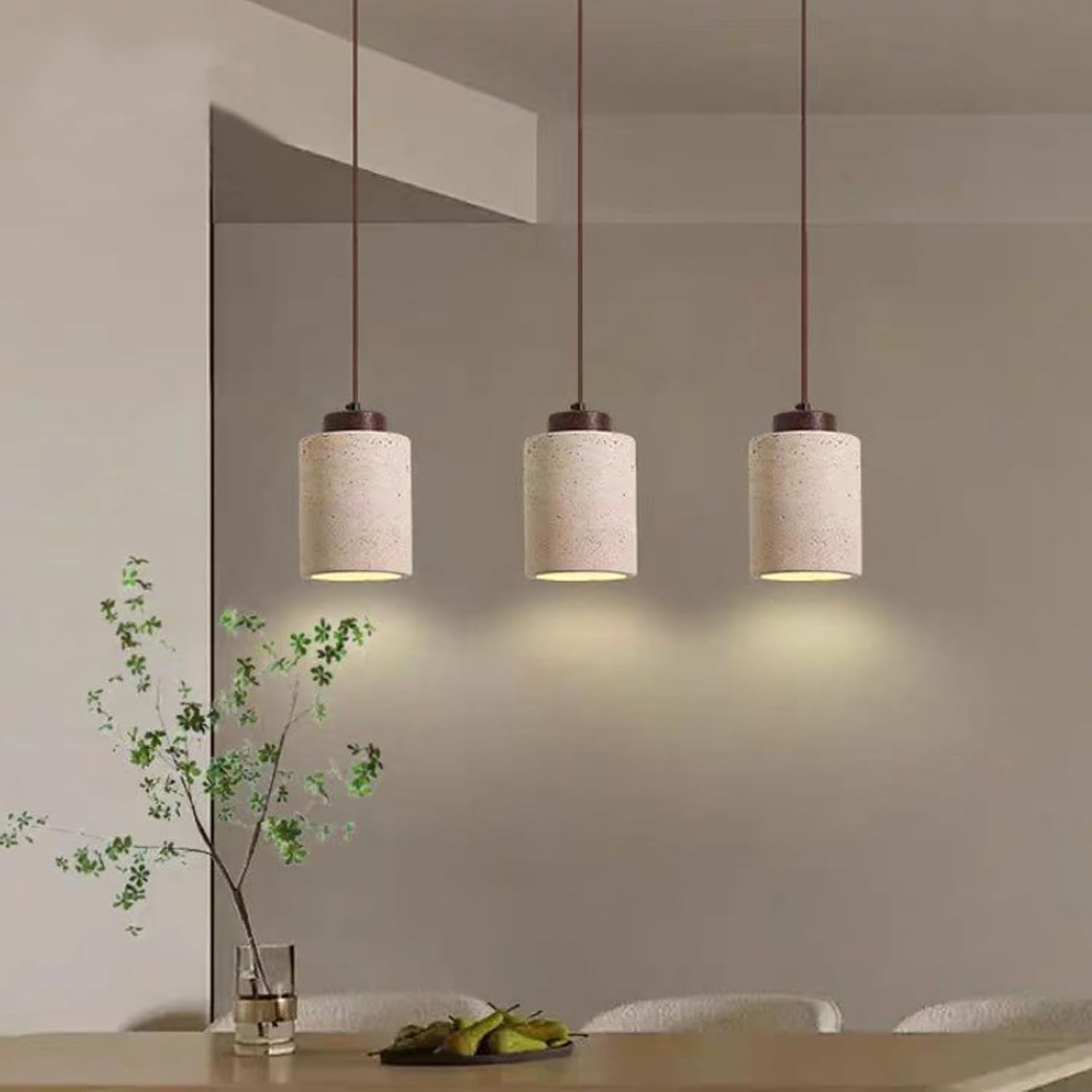 Nordic Pendant Light with Natural Stone Shade and Wood Accents, Cylinder Hanging Ceiling Light for Kitchen Island, Dining Room, Bedroom, Modern Rustic Chandelier (Walnut Color,10X17Cm) image number 7