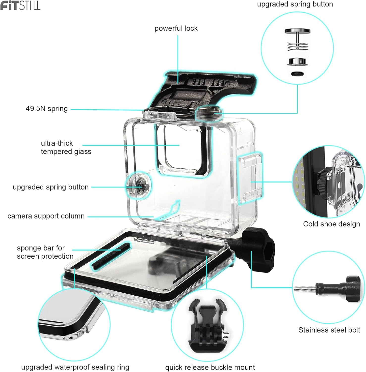 Fitstill 196FT/60M Underwater Waterproof Diving Housing Compatible for Go Pro Hero 4K,Protective Dive Case Shell with Mount Hero4K 2024 Action Camera Accessories Kit image number 4