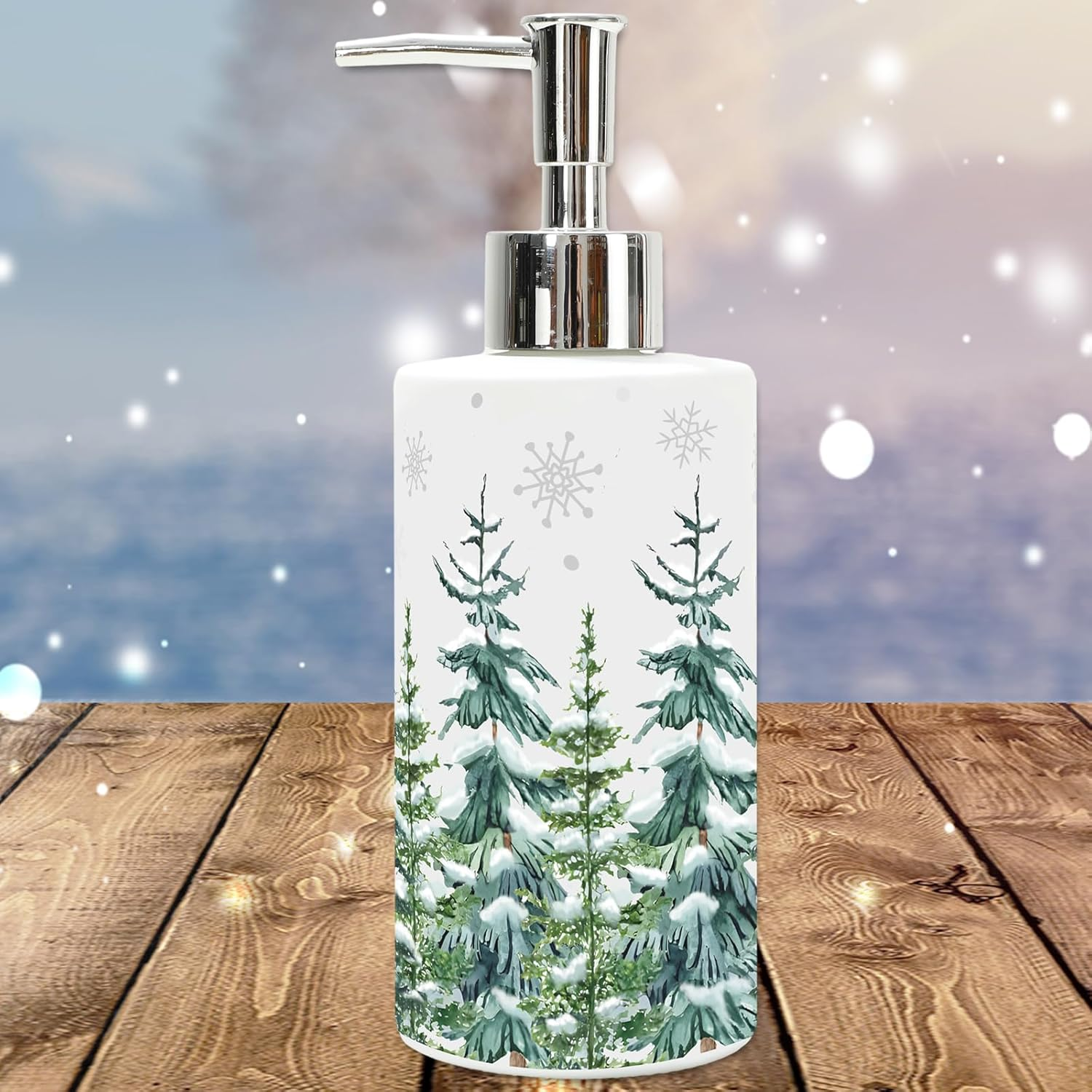 Jarthenaamcs Christmas Soap Dispenser Watercolor Xmas Tree Glass Dispenser with Pump Refillable Liquid Soap Container for Home Kitchen Bathroom Countertop image number 2