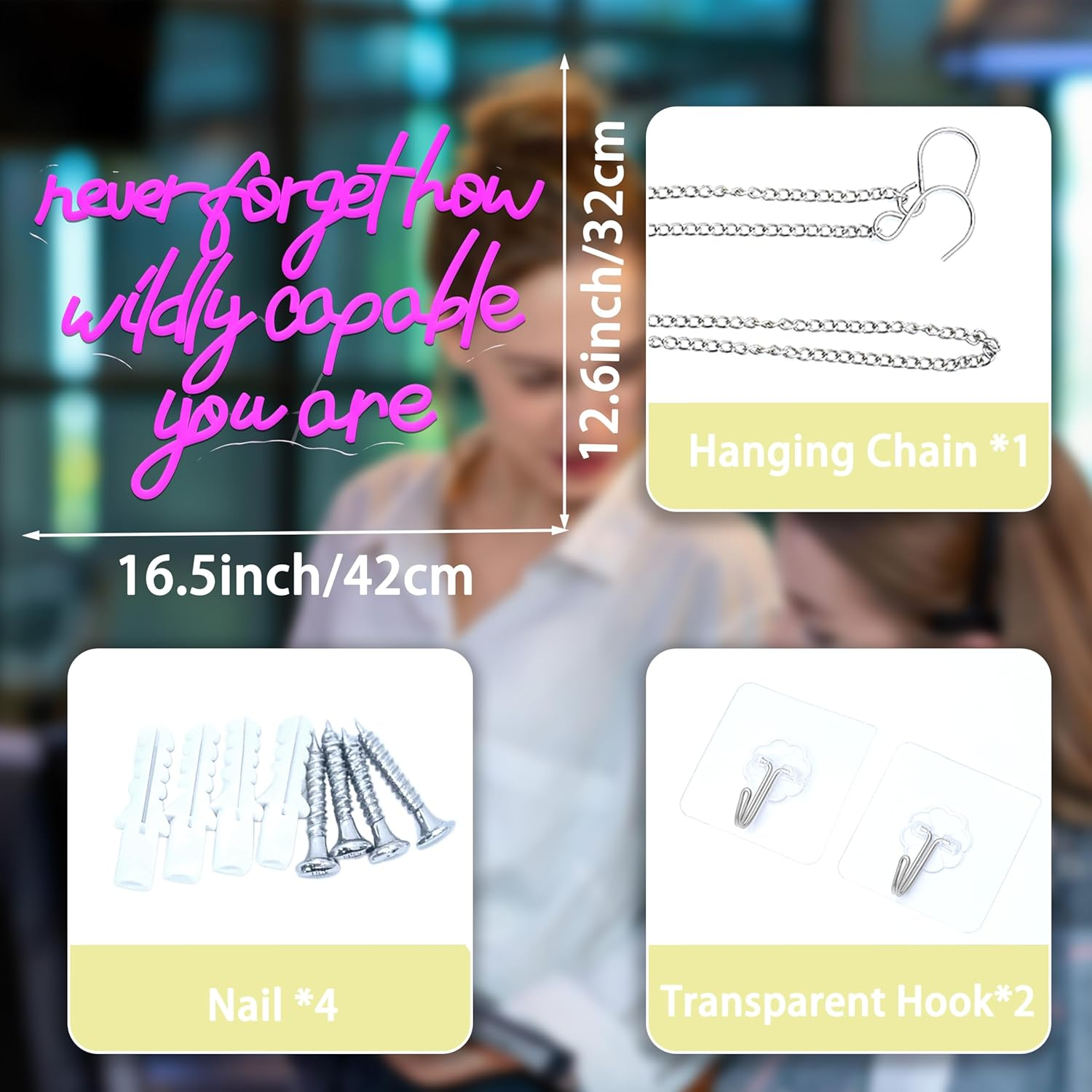 AEHEMNGZ Never Forget How Wildly Capable You Are Neon Sign Dimmable Inspirational Letter Neon Light USB Powered Motivational Led Light Sign for Man Cave Bar Office Decoration (16.54 * 12.6) image number 1