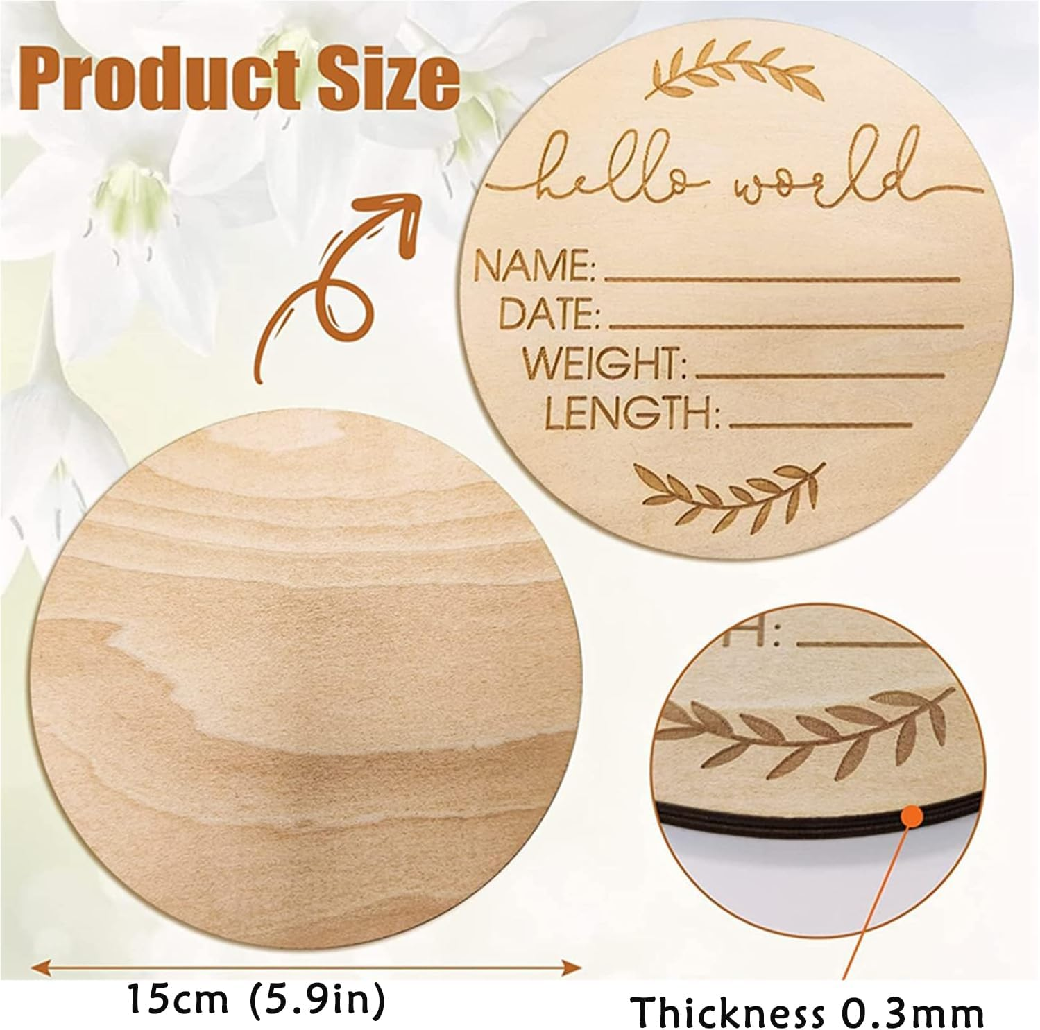 Birth Announcement Sign, 15Cm Wooden Baby Announcement Sign, Hello World Newborn Sign, Baby Name Announcement Sign for Photo Prop Baby Shower Nursery Gift (Round) image number 2