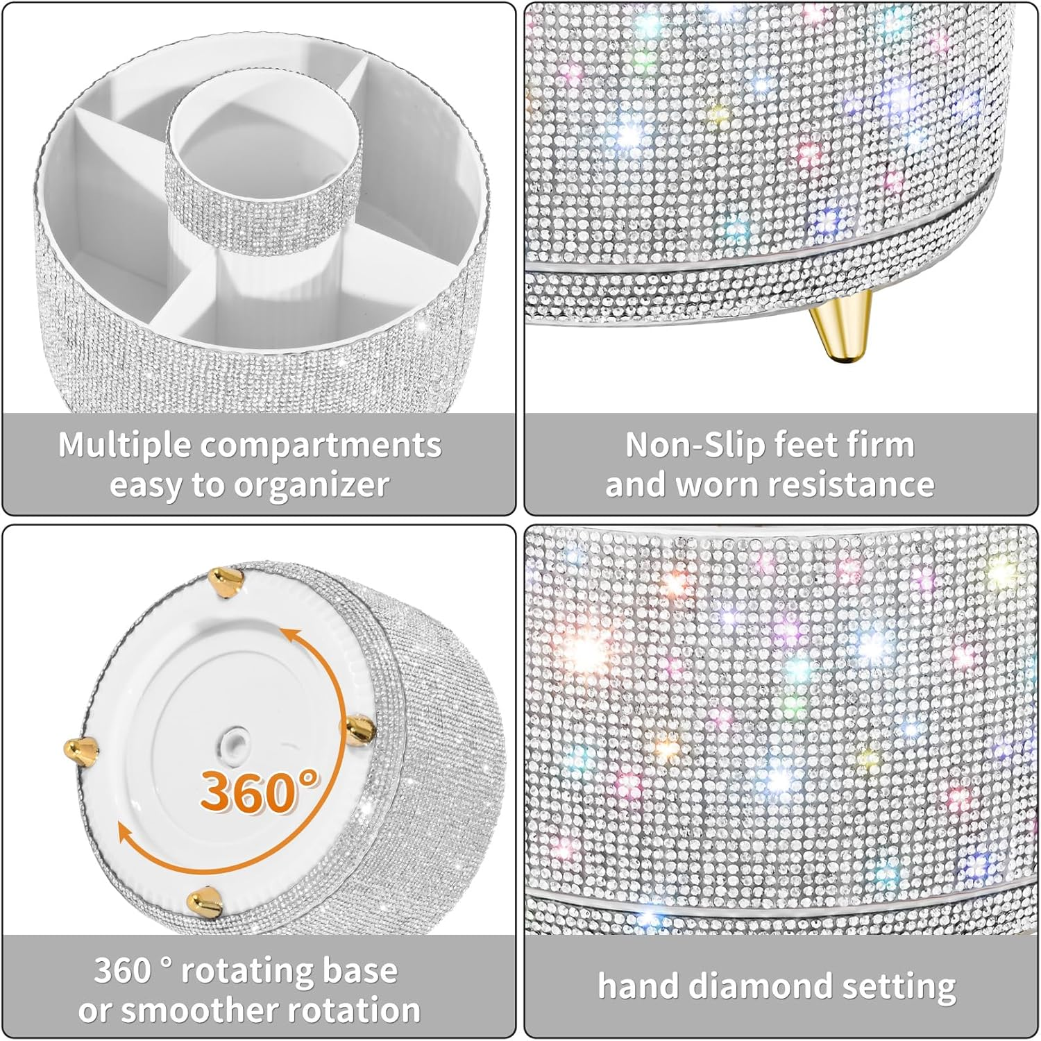 Fanado Bling Diamond Makeup Brush Holder, 360&deg; Rotating Makeup Organizer, 5 Slot Make up Brushes Cup for Countertop, Storage for Cosmetics Pen Eyeliner Skincare on the Vanity (Diamond White) - Diamond White Ab image number 5