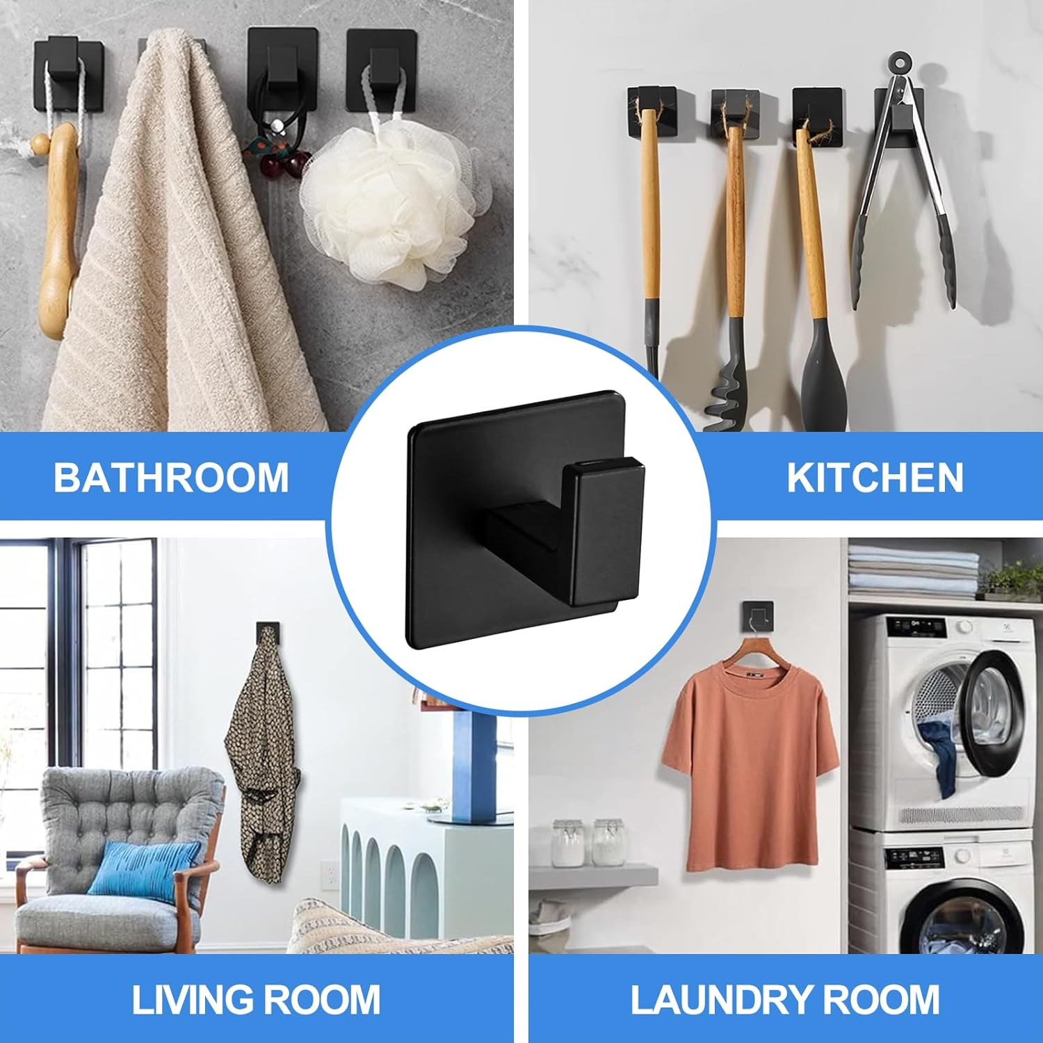 4 Pack Adhesive Towel Hooks, Heavy Duty Aluminum Wall Hooks for Bathroom, Kitchen, Office &ndash; Matte Black Hanging Hooks for Towels, Robes, Coats, Hats, Clothes, Shower & Door (Black) image number 4