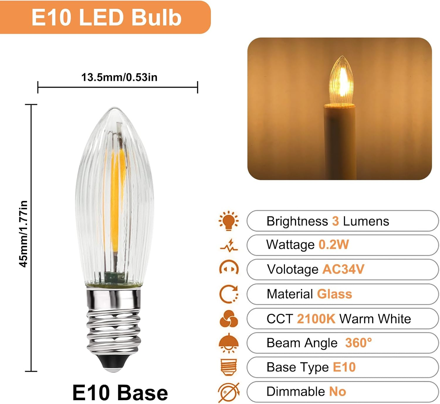 MZYOYO Pack of 20 E10 LED Light Bulbs, AC34 V Tapered Candles for Candle Arch, E10 LED Candles for Candle Arch, 2100 K Warm White, Replacement Bulbs Fairy Lights for Christmas Tree, 34 V 34 V 0.2 W, 3 image number 1