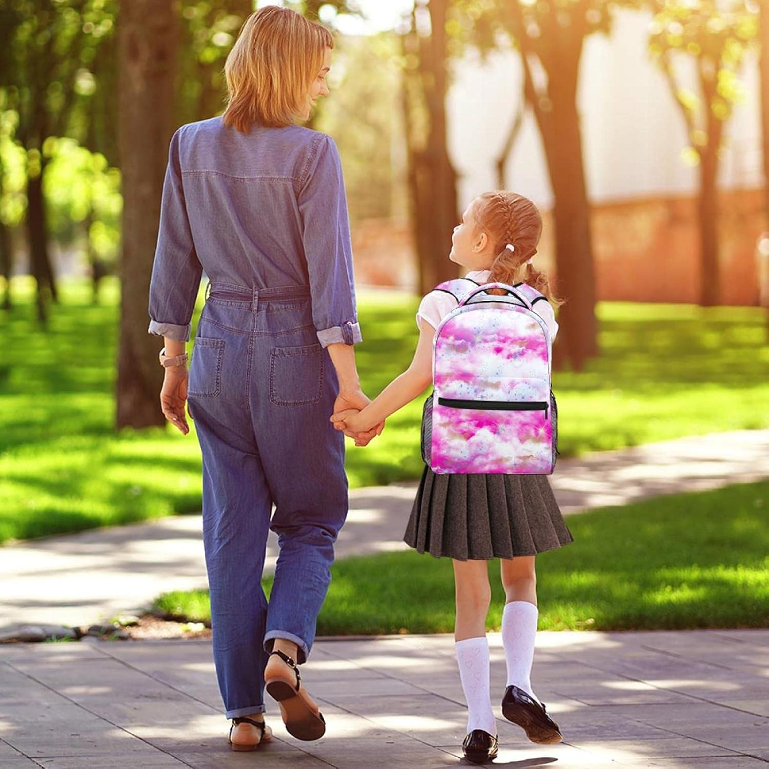 Illustration Pink Sky Twirls White-Blue Clouds Space Design Stars Psychedelic Backpack Students Shoulder Bags Travel Bag College School Tote Backpacks image number 2