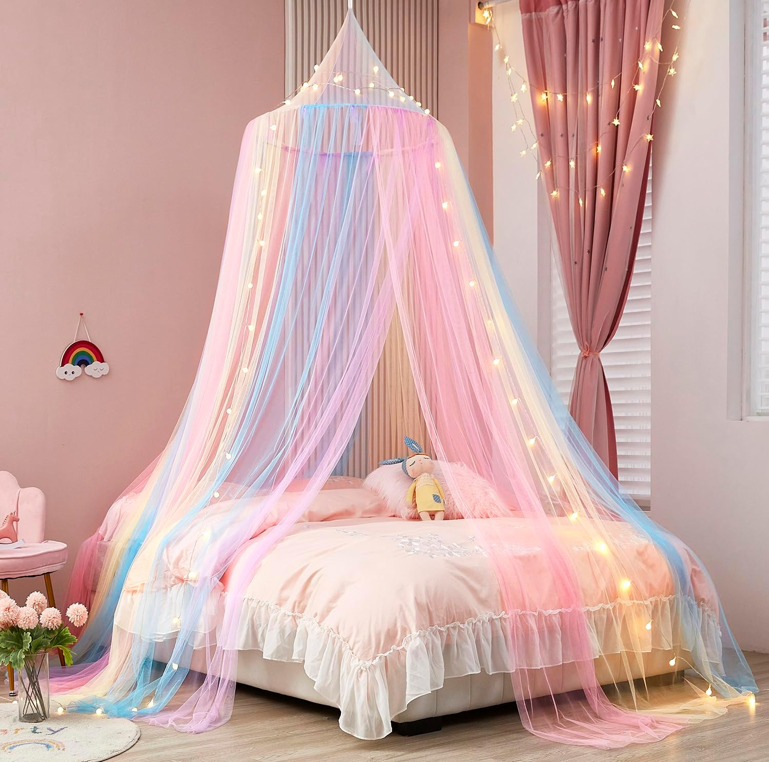 Rainbow Bed Canopy for Girls, Bed Canopy with Lights Canopy for Girls Room Bed Mosquito Netting for Twin Single Full Queen King Size Bed Room Decor for Girls