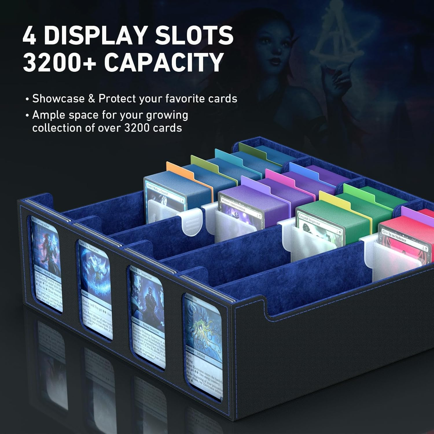 4-Row Trading Card Storage Box, Bulk Card Case for 3200+ Mtg Tcg Magic Soprts Playing Game Card Organizer, Commander Deck Box with 4 Supporters 24 Dividers Strap+10 Top Loaders for Cards