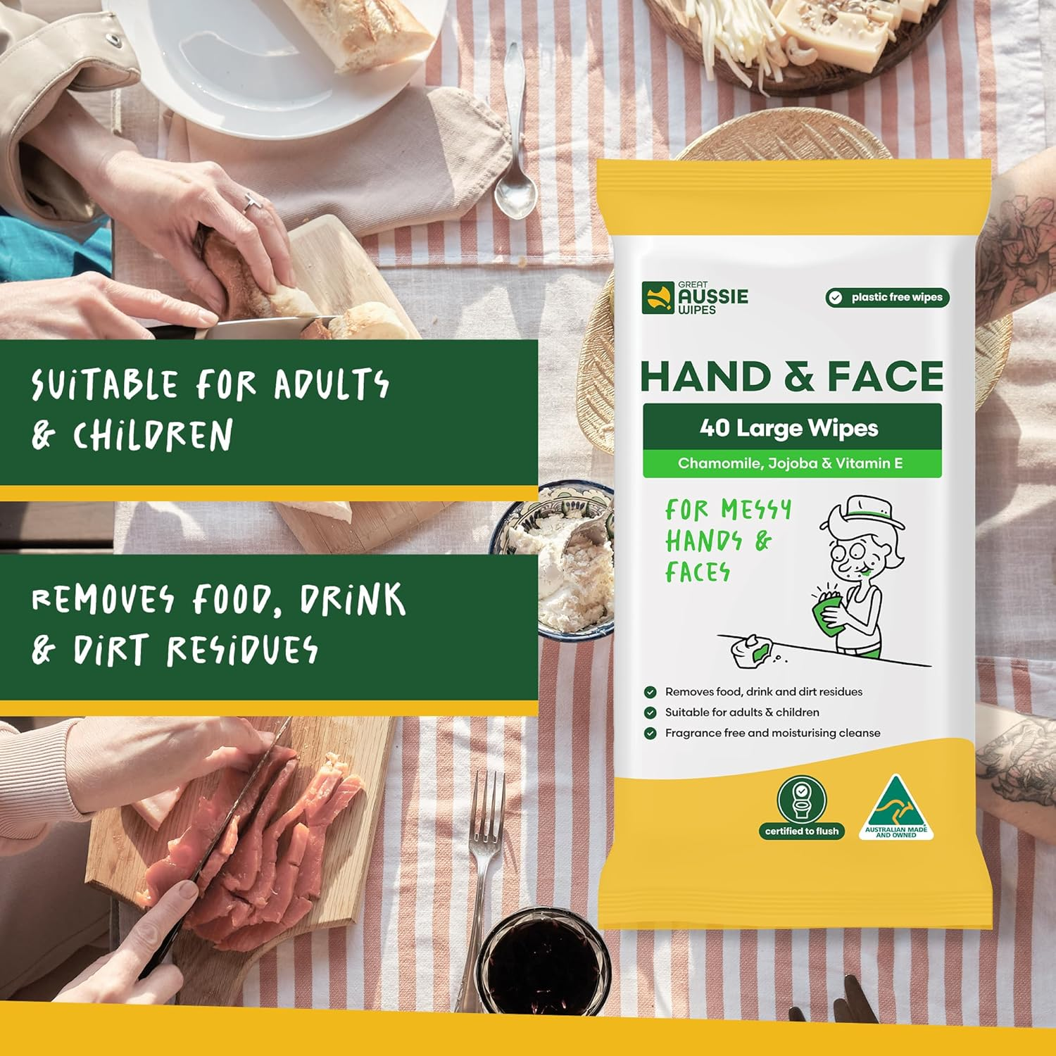 Great Aussie Wipes Wet Wipes for Hands | Travel Hand Wipes & Travel Face Wipes | Hand and Face Wipes for Kids & Adults | Fragrance Free, Moisturising, Hypoallergenic, Flushable (40 Wipes) (Pack of 2) image number 3