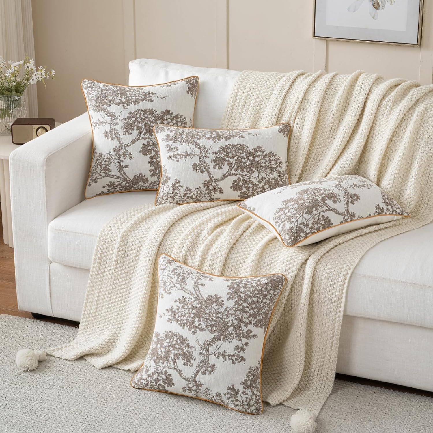 Floral Throw Pillow Covers 45X45 Cm Set of 2 Taupe and White Decorative Pillow Covers for Couch Bed Living Room William Morris Luxury Chenille Jacquard Pillow Cases image number 5