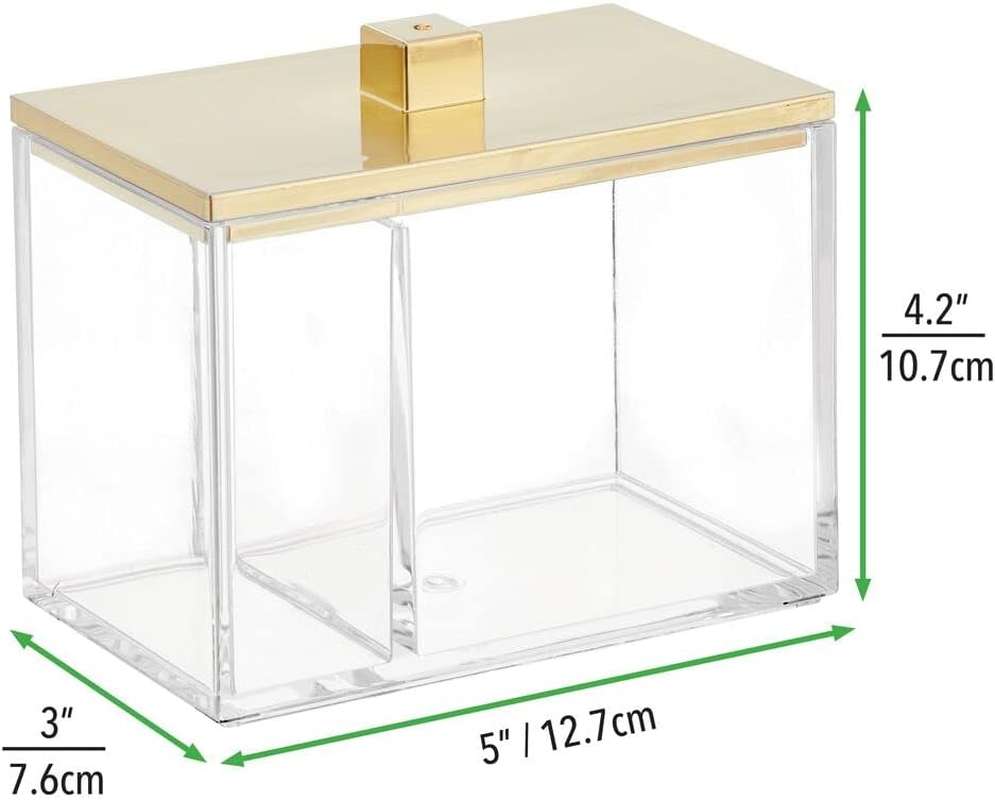 Mdesign Modern Square Bathroom Vanity Countertop Storage Organizer Canister Jar for Cotton Swabs, Rounds, Balls, Makeup Sponges, Bath Salts - 2 Divided Sections - Clear/Soft Brass image number 4