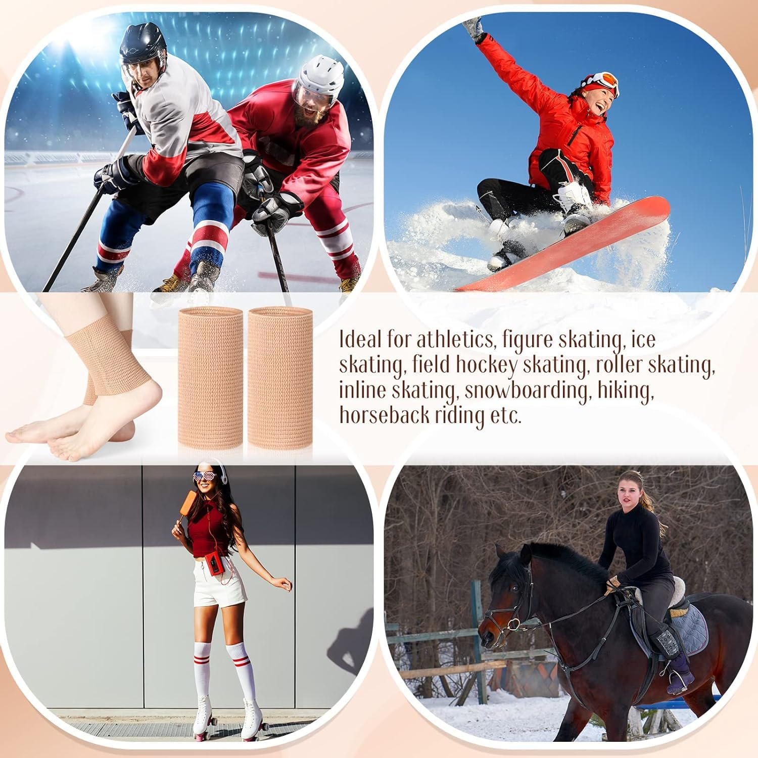 JZCD 2 Pcs Ankle Brace Ankle Gel Sleeves Skate Socks Protection for Figure Skating, Hockey, Roller, Inline, Riding Ankle Compression Sleeve (Skin)