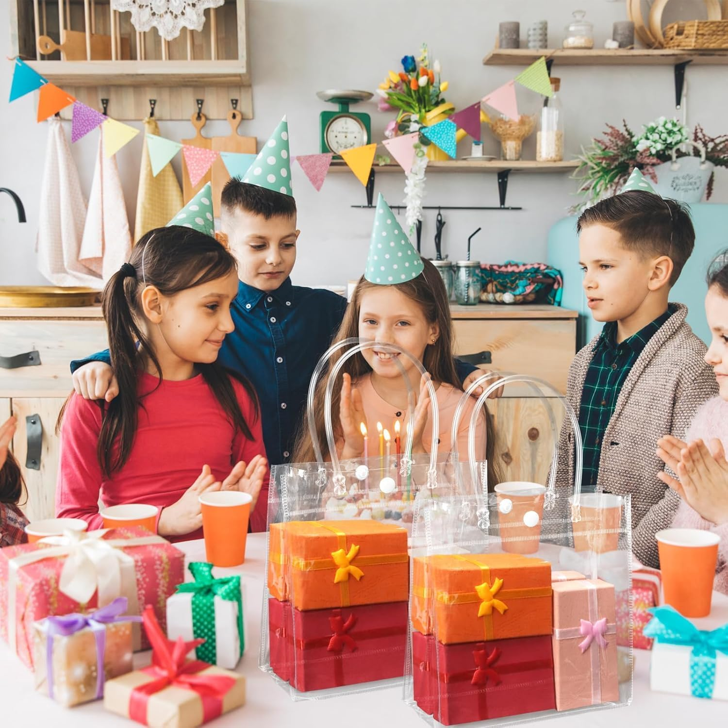 Acaiciee 15 PCS Clear Gift Bags with Handles, 6.89" X 6.89" X 3.54", Reusable Transparent Plastic Clear Gift Bags for Wedding, Birthday, Baby Shower, Party, Halloween, Christmas image number 2