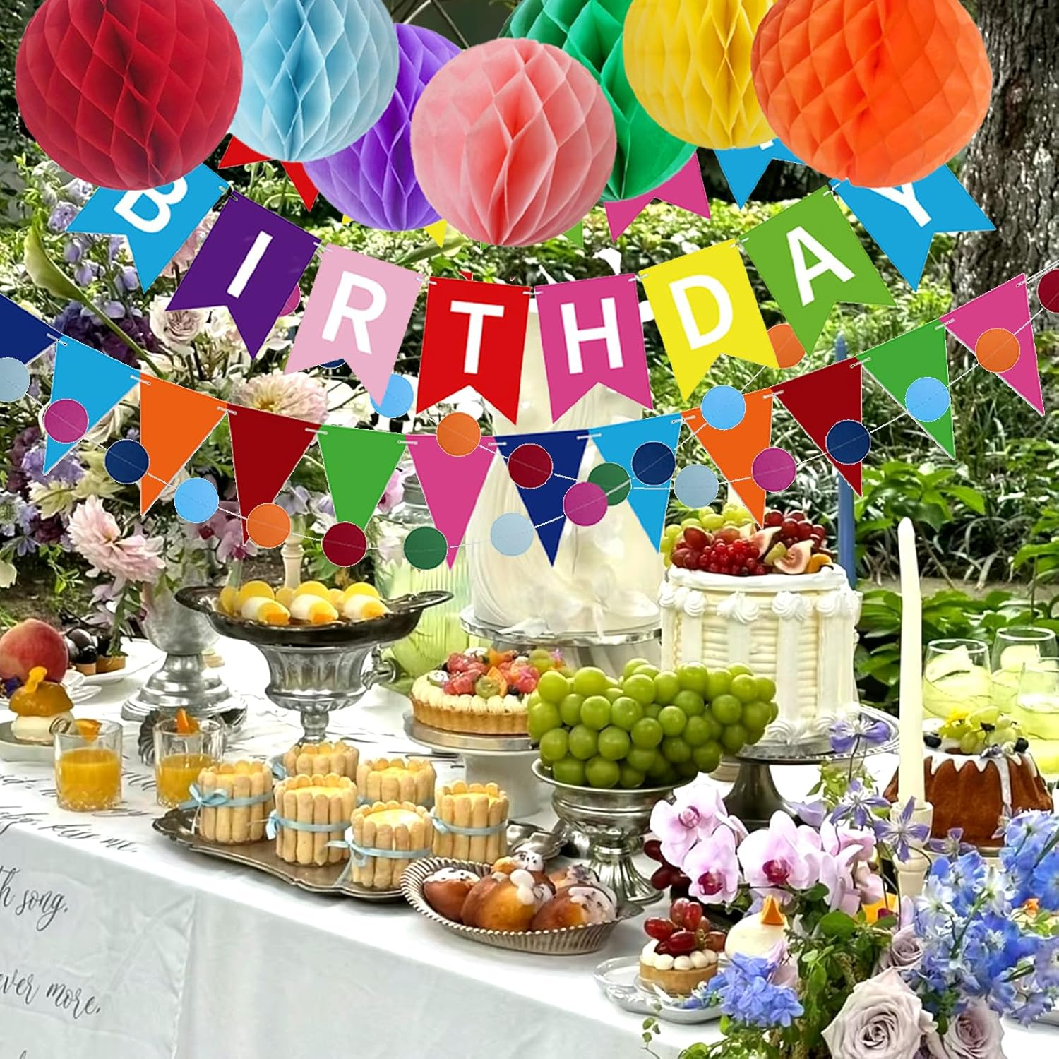 Birthday Party Decoration Gifts with 7 Honeycomb Balls and 1 Colorful Pennant Hanging Paper Fan Reusable Birthday Banner Suitable for Birthday Parties of Different Ages image number 1