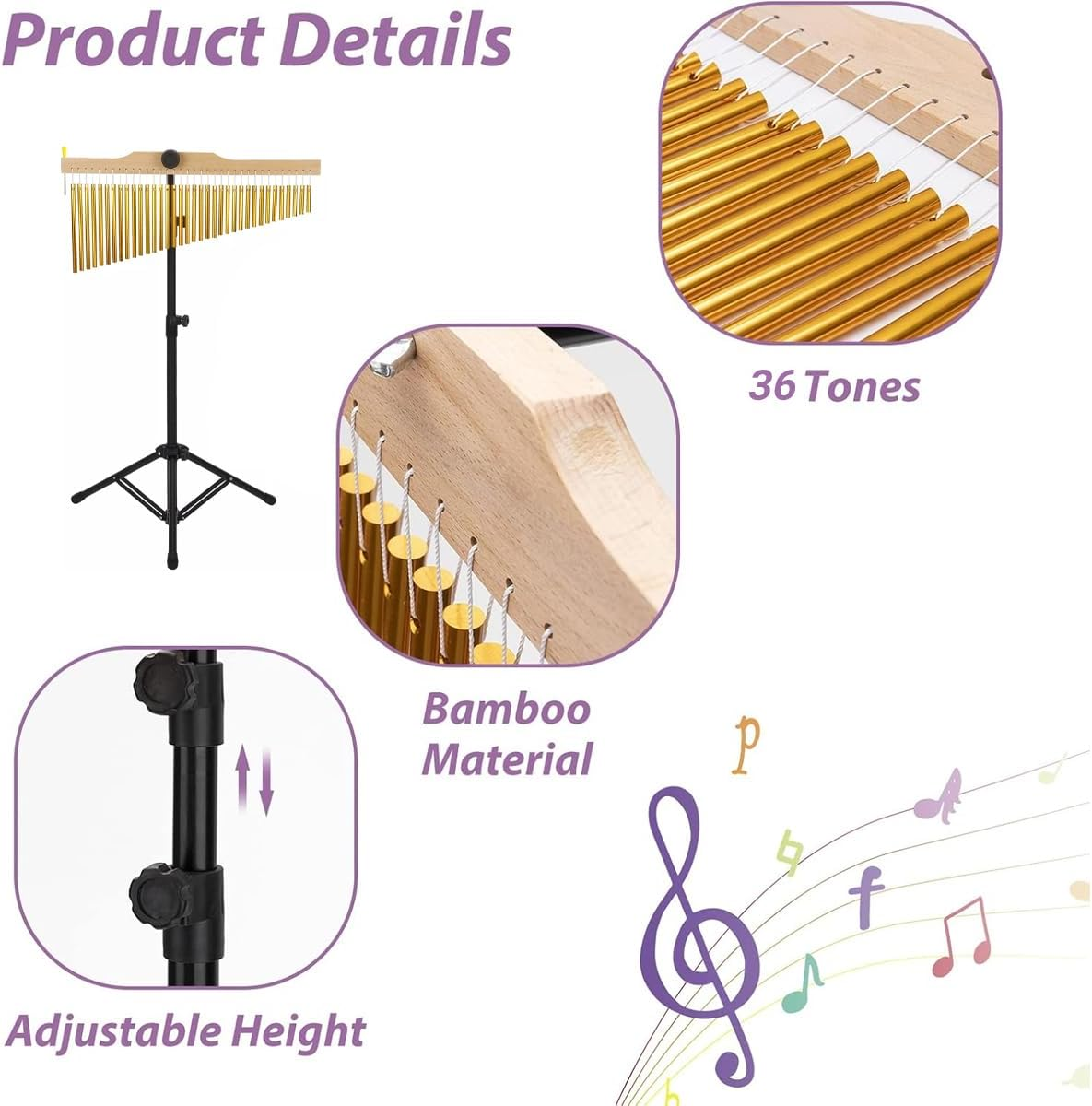 AIMALL 36-Tone Wind Chime Tree Percussion Instrument with Metal Rods and Wooden Frame for Orff Classroom Stage Performance Music Therapy 22.83X46.45In image number 4