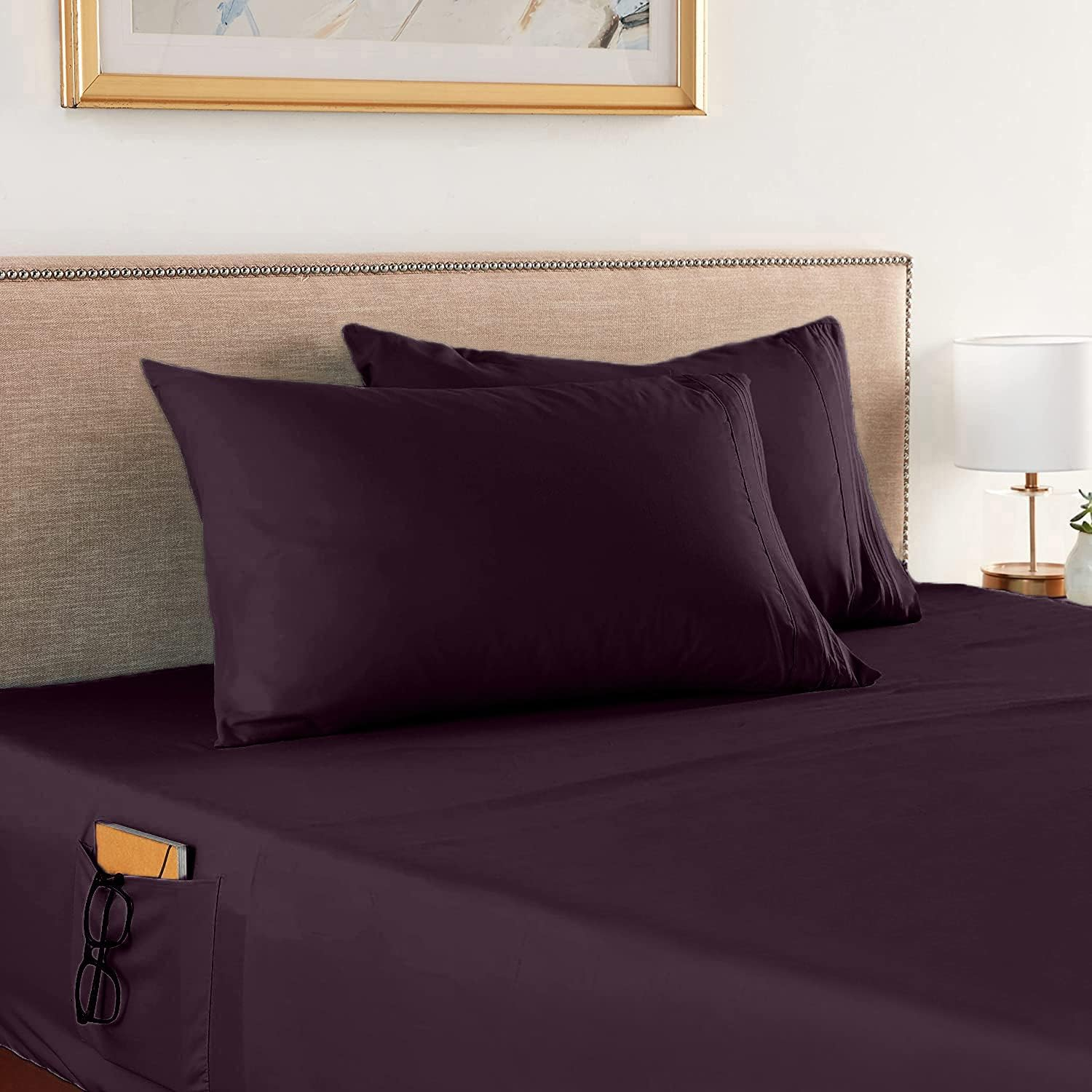 Elegant Comfort 4-Piece Full- Smart Sheet Set! Luxury Soft 1500 Thread Count Egyptian Quality Wrinkle and Fade Resistant with Side Storage Pockets on Fitted Sheet, Full, Eggplant-Purple