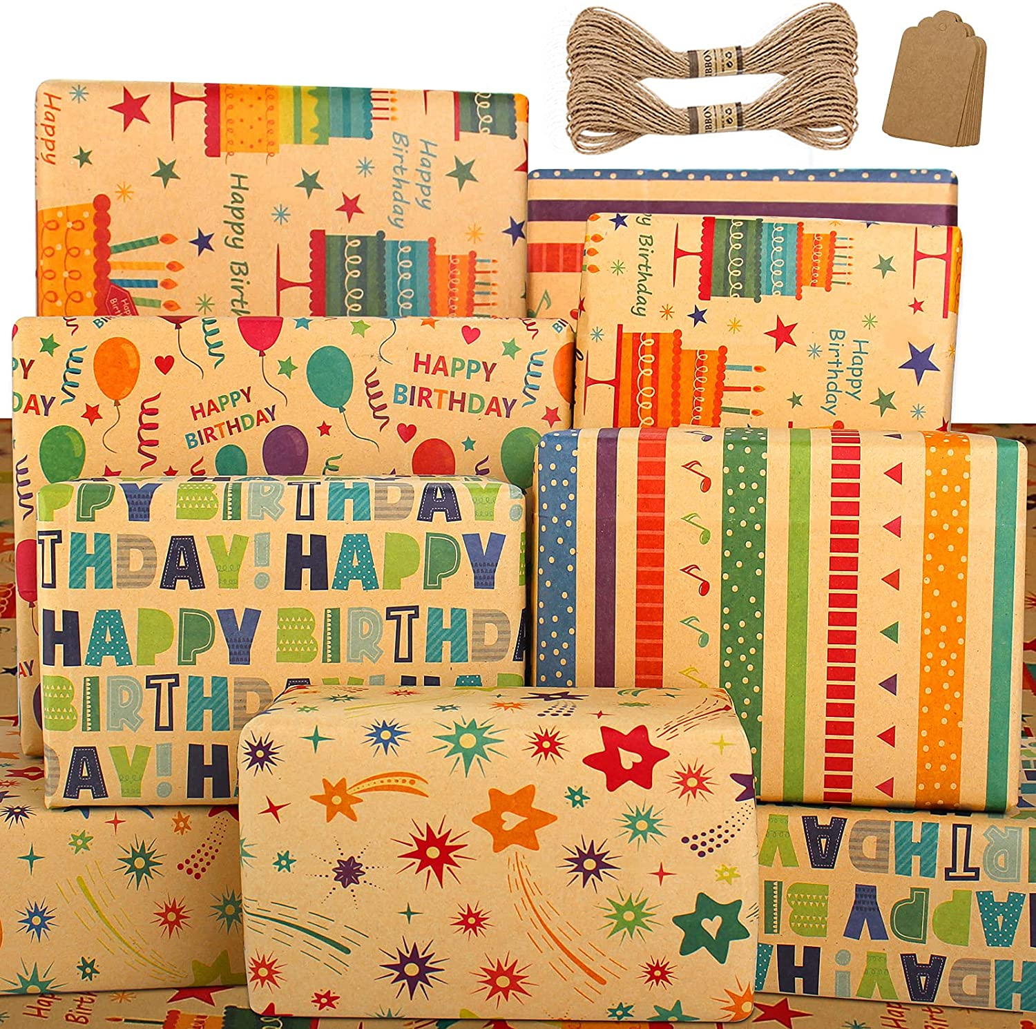 Wrapping Paper Sheets-Birthday Wrapping Paper for Women Men Girls Boys Female Male-Kraft Recycled Gift Wrapping Paper Set,Birthday Gift Wrap Paper and Tags and String for Present Wrapping Paper-Eco Wrapping Paper Birthday Paper Wrapping,Birthday Wrap Paper,5 Pack 50X70CM per Folded Sheet
