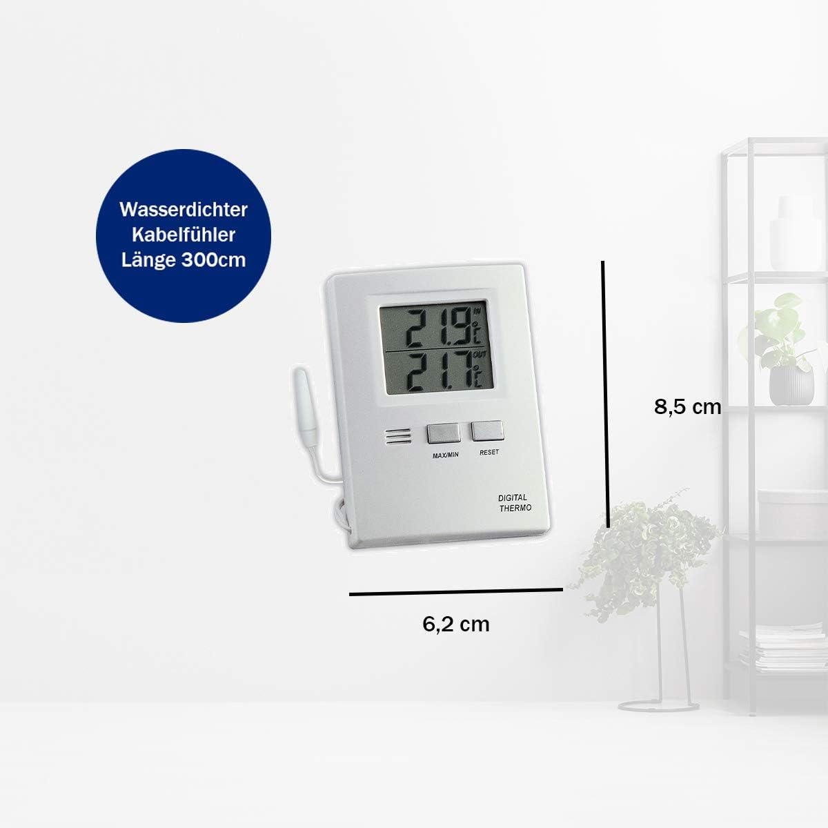 TFA Dostmann Digital Indoor/Outdoor Thermometer, Functional Display, High and Low Values, Indoor and Outdoor Temperature, L 62 X W 20 (55) X H 85 Mm, White image number 2