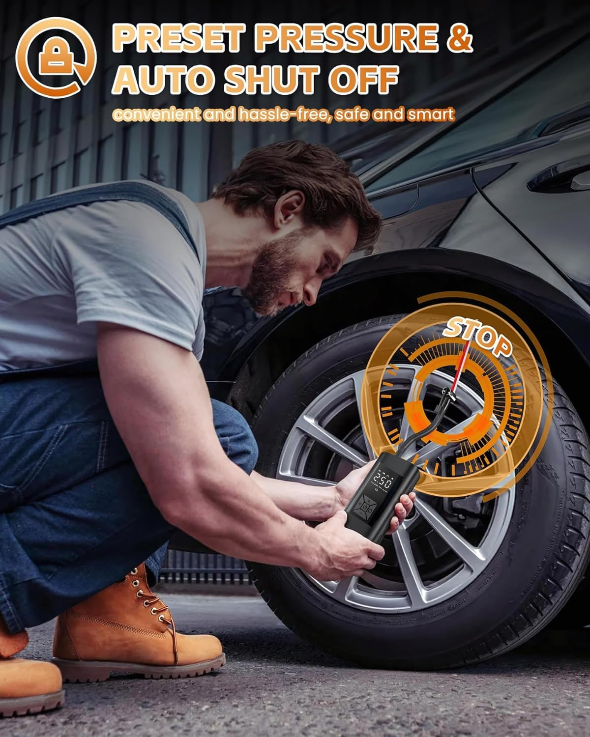 Tyre Inflator Portable Air Compressor 6000Mah Electric Cordless Air Pump with Battery LED Light, with 150PSI Pressure Gaugeand/Auto-Off/Wheel Tire Inflator for Car, Bike, Motorcycle, Ball image number 1