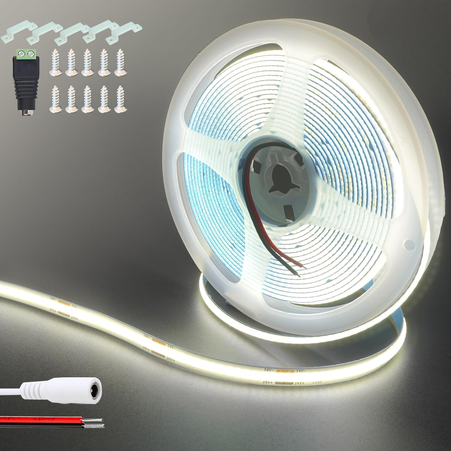 Clearhill 24V COB LED Strip Lights(No Power Supply),32.8Ft/10M,Cool White 6500K,320Leds/M,With 5521DC Female and Red+Black Wire Connectors,8Mm Width,Cri90,Electroplated Double-Sided Panel,10W/M,Ip20 image number 1