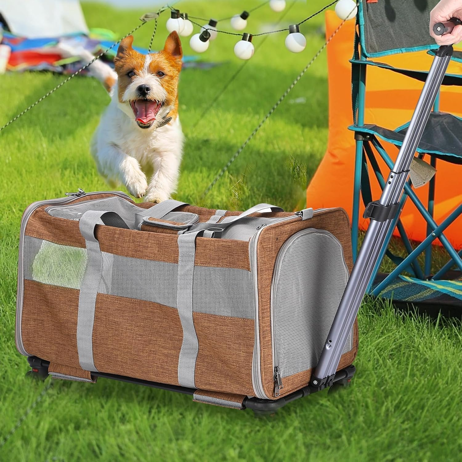 PANTREE Cat Carrier Soft with Wheels, Double Compartment Foldable Rolling Cat Carrier for 2 Small Cats and Dogs, Fully Breathable for Traveling/Hiking/Camping/Veterinary Visits (Brown) image number 3