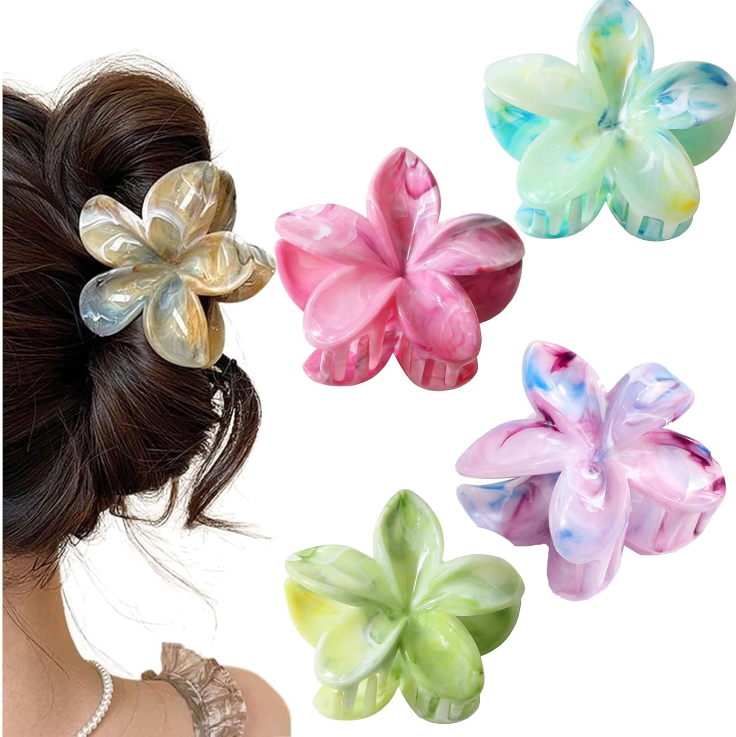 Jushion Pack of 4 Flower Hair Clips, Hawaiian Flower Hair Clip, Non-Slip Acrylic Hair Clip, Egg Flower Hair Claw Clips, Hair Accessories for Women Girls (Colour1) image number 6