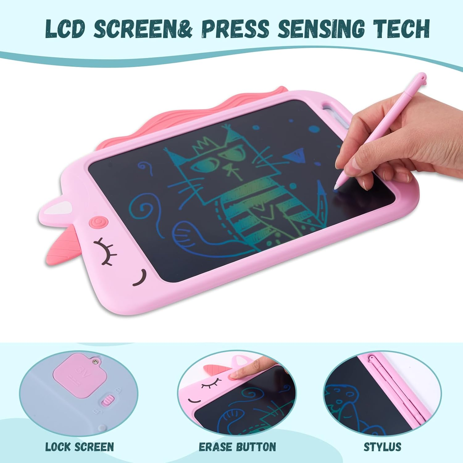 Pink Unicorn LCD Writing Tablet for Kids, Magical Doodle Drawing Pad for Girls and Boys, Erasable Writing Board for Preschool Toddlers & Kids Aged 3-12, Perfect Christmas & Birthday Creative Fun image number 6