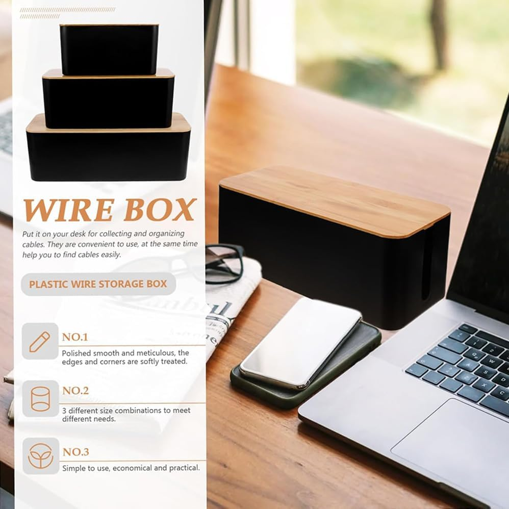 Betterlifewj 3-Pack (One Large, One Medium, One Small) Cable Organizer Boxes with Bamboo Lids, Suitable for Home and Office Use. image number 6