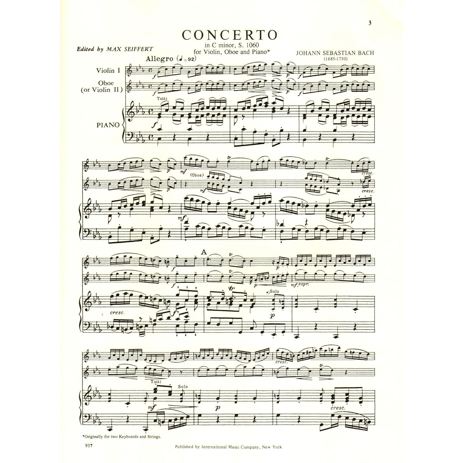 Bach, J.S. Concerto in C Minor, BWV 1060R Violin Oboe and Piano/ Two Violins and Piano Max Seiffert image number 3