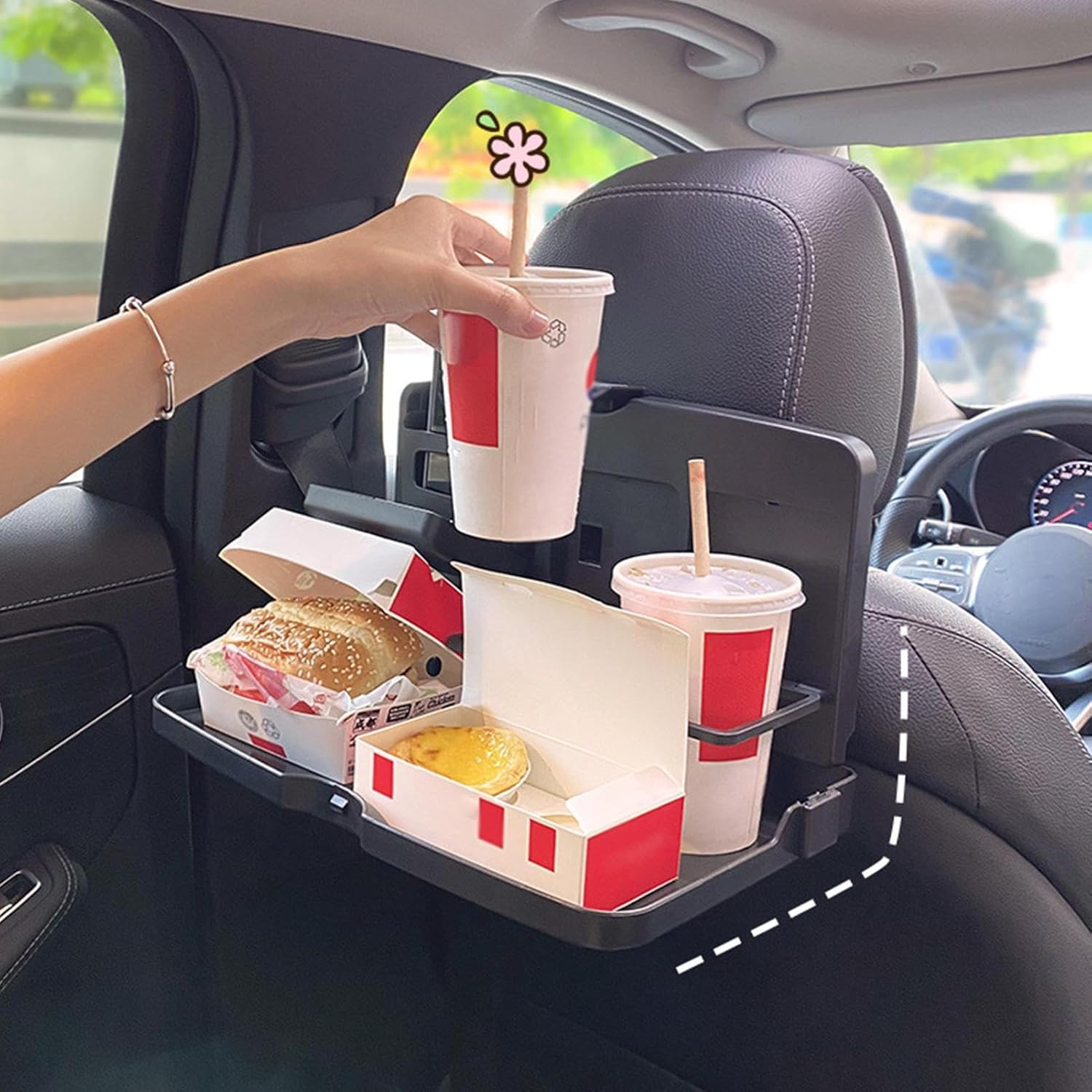 Car Backseat Organizer with Fold down Tray Table, Strong Adjustable Dining Surfaces Device Holder Snack Station Compact Storage Pockets Clutter Control, Road Trip Travel Use for Passengers and Kids image number 1