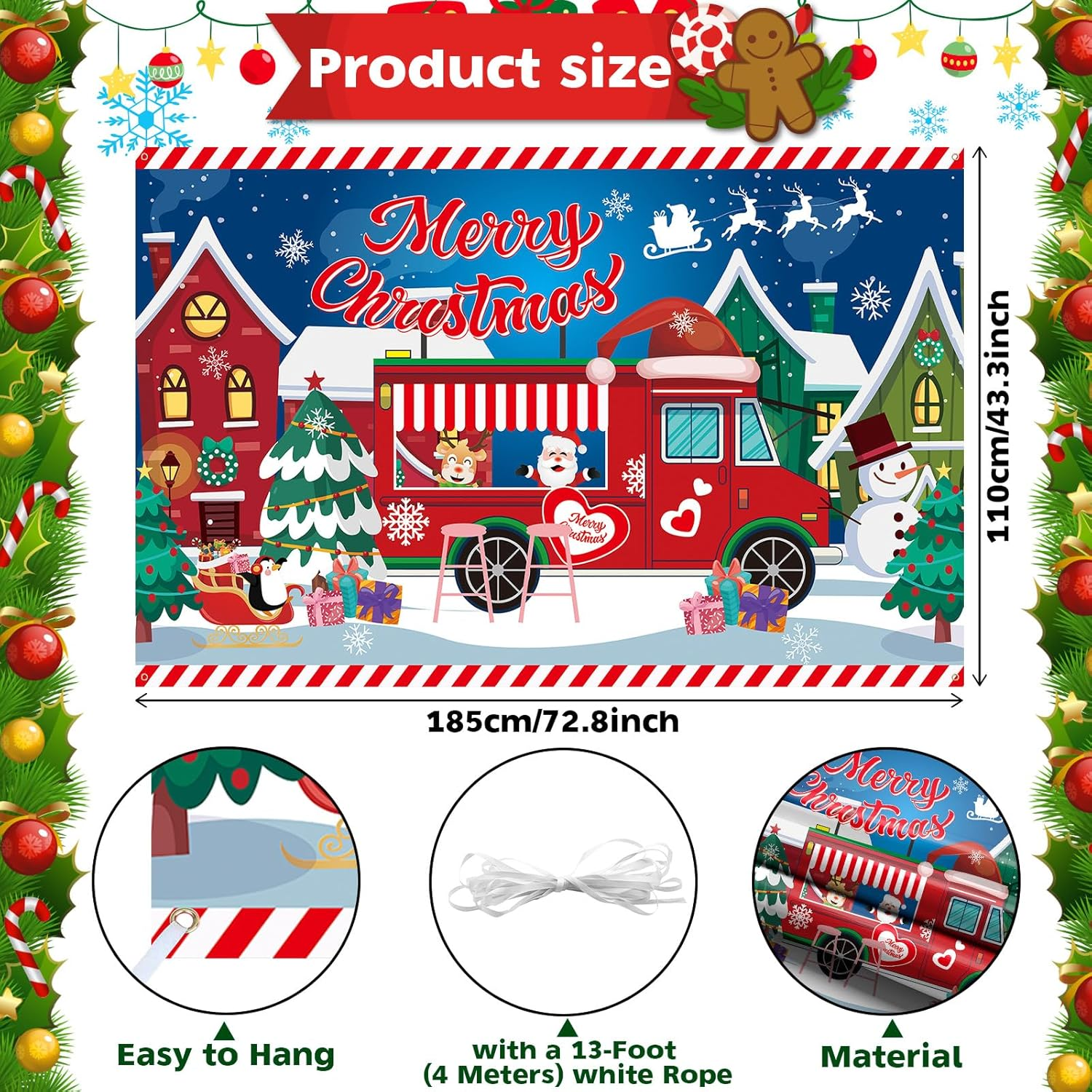 Xtralarge Christmas Banner, Merry Christmas Banner Outdoor with Santa Claus Reindeer Backdrop, Christmas Decorations Hanging Yard Banner Poster Sign for Outdoor Wall New Year Christmas Party Supplies - Blue Red - Trams image number 2