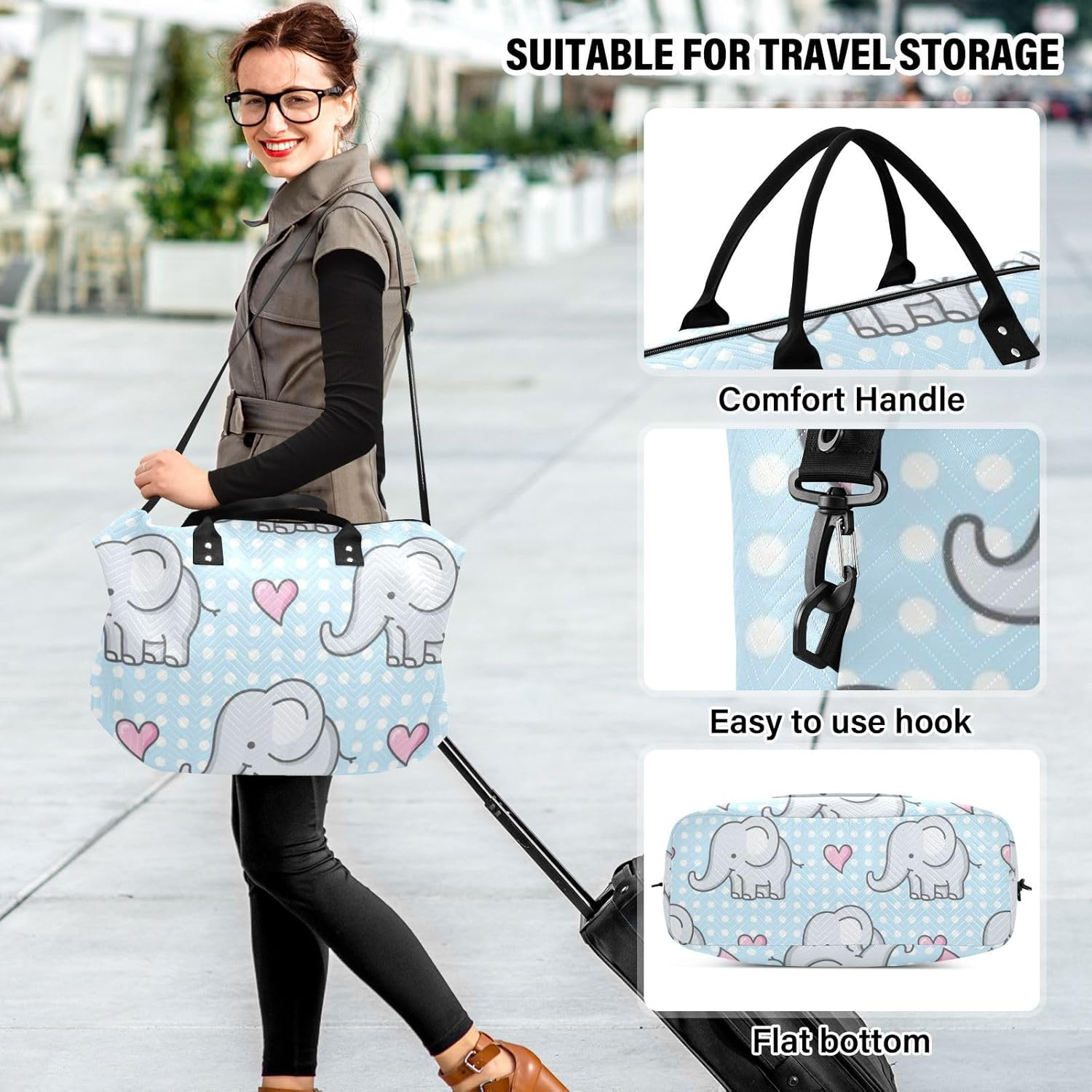 Cartoon Cute Blue Elephant Large Bag Carry on Tote Bag Sports Tote Gym Bag with Toiletry Bag for Sports Waterproof, Cartoon Cute Blue Elephant, 1 Size image number 6