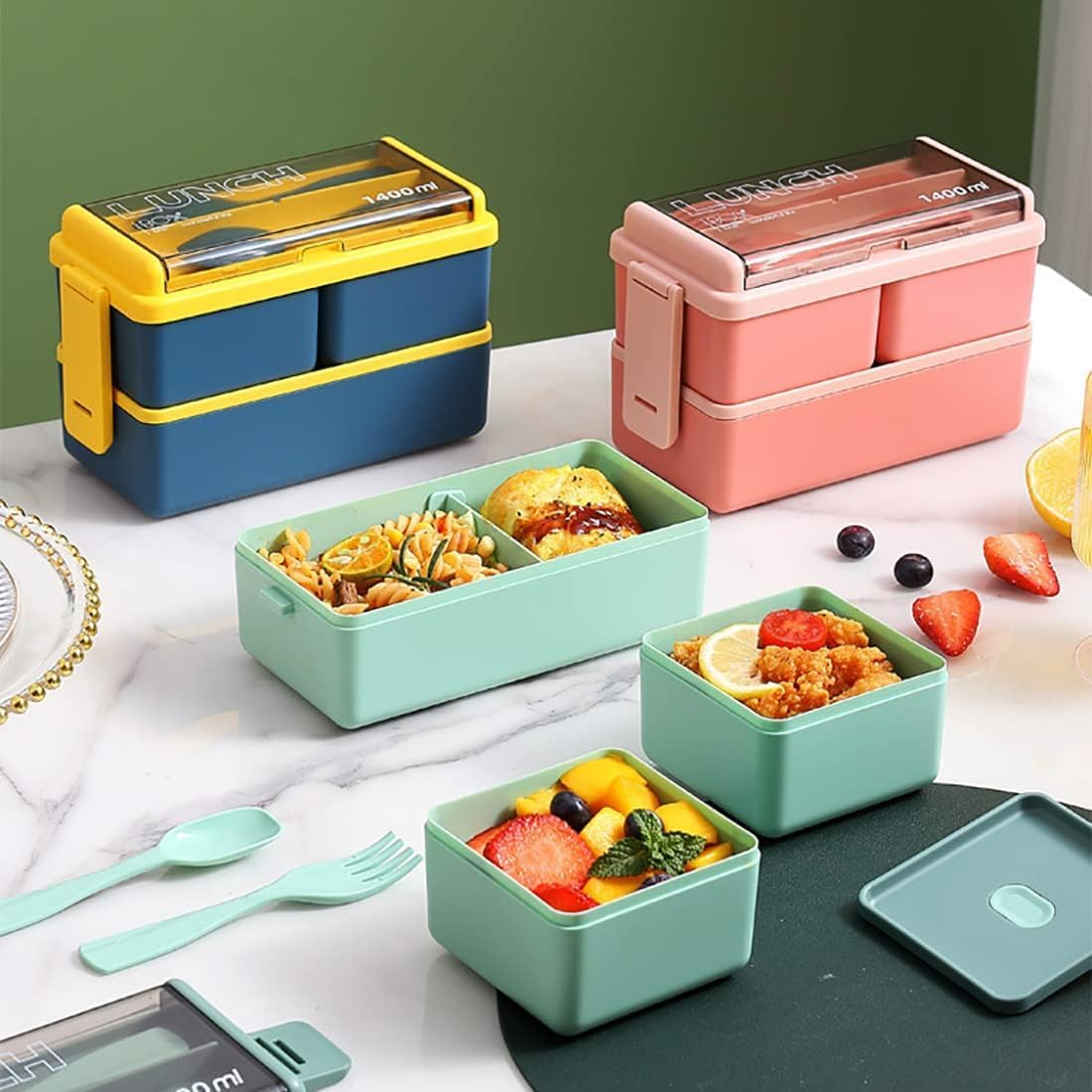 Lunch Box Stackable, 1400Ml Bento Box with Spoon Fork, Leak Proof 2 Layer Boxes with 3 Removable Compartments and Cutlery, for Adults Kids Office Microwave Dishwasher Safe Available (Pink)