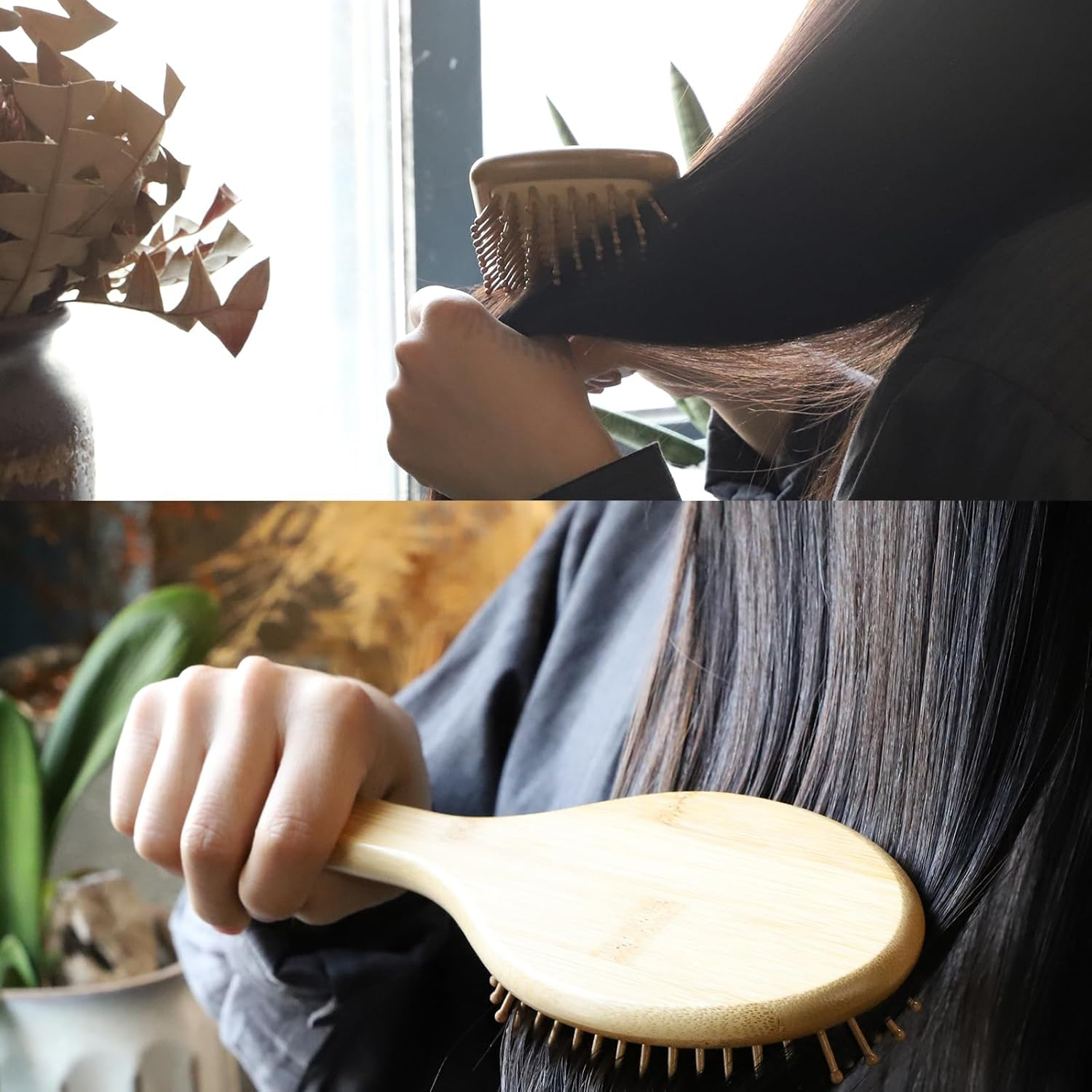 SAMEBUTECO Hair Brush Set Natural Bamboo Bristles Paddle Detangling Brushes for Thick, Thin, Curly, and Dry Hair Wooden Hair Message Brushes(4 Packs) image number 2