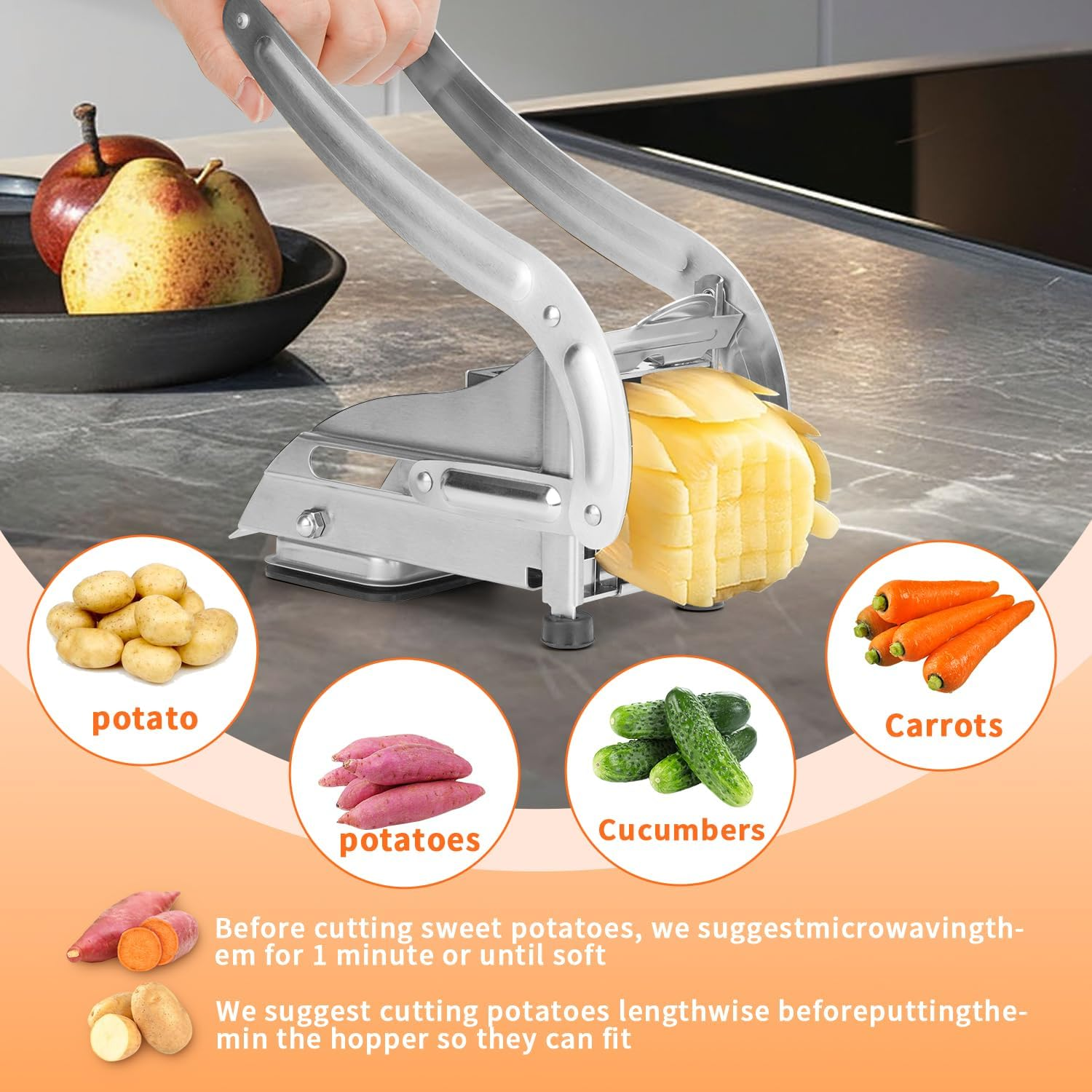 Commercial Grade French Fry Cutter,French Fry Cutter with 2 Blades,Stainless Steel Vegetable and Potato Slicer,Heavy Duty Potato Slicer,Non-Slip Suction Base,Perfectly Cut Potatoes (Silver) image number 4