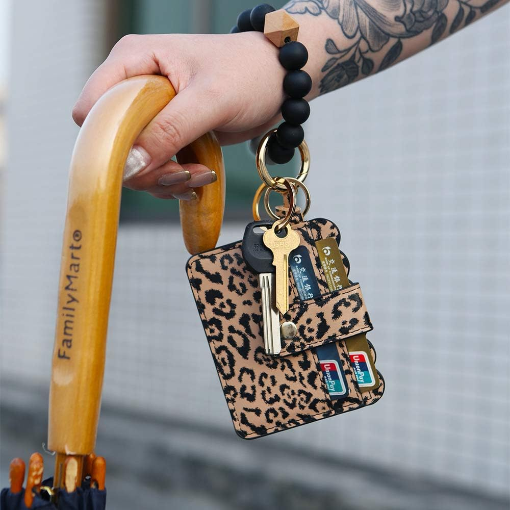 Silicone Beaded Bracelet Leather Keychain Wallet ID Card Holder Keyring Wristlet Bracelet Key Ring Chain Tassel Purse Women Girls Leopard image number 4