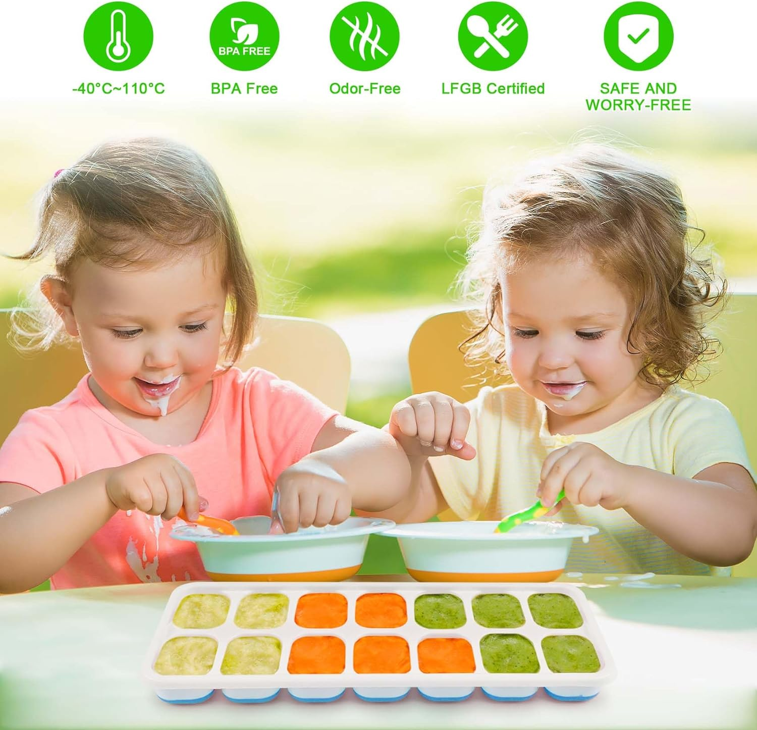 2 Pack Ice Cube Trays, Reusable Silicone 14-Ice Cube Trays with Spill-Resistant Removable Lid, Stackable Ice Trays with Covers for Freezer, Cocktail, Coffee (Blue + Green)