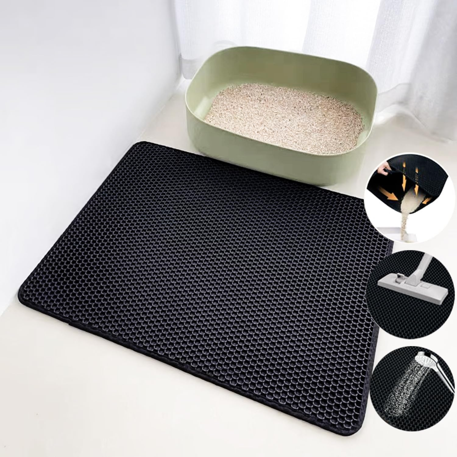 Extra Large Cat Litter Mat, 90 X 60 Cm, Litter Trapping Mat, Honeycomb Double Layer Design, Waterproof Urine Proof Material, Scatter Control, Easy Clean Rug, Soft on Paws, Less Waste (Black) image number 3