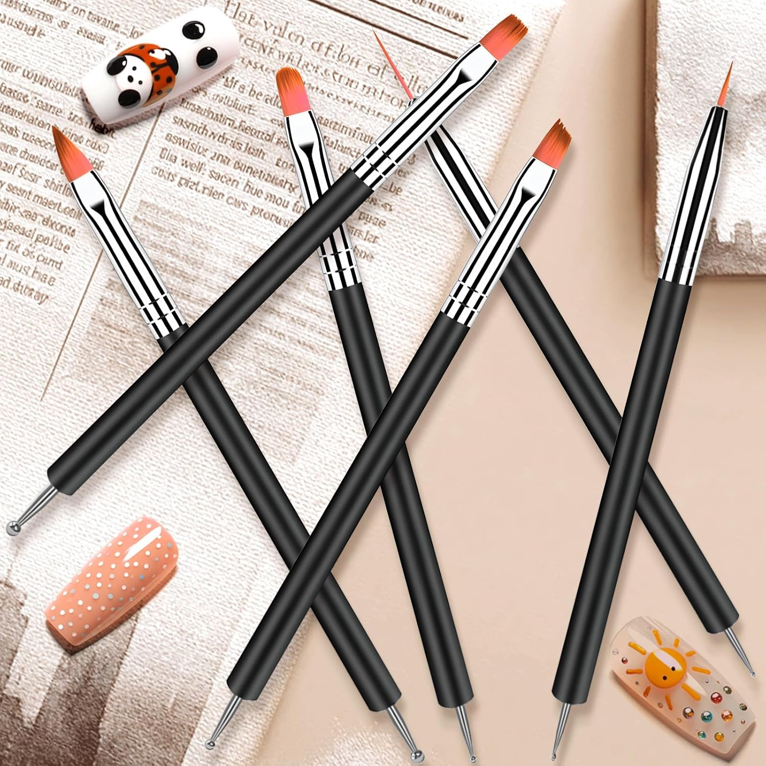 6 Pcs Nail Art Brush Set,Double Ended Fine Nail Liner Brush Dotting Pen Painting Tools with Nail Extension Gel Brush, Builder Gel Brush, Nail Art Liner Brush, Nail Dotting Pen for DIY Manicure, Black