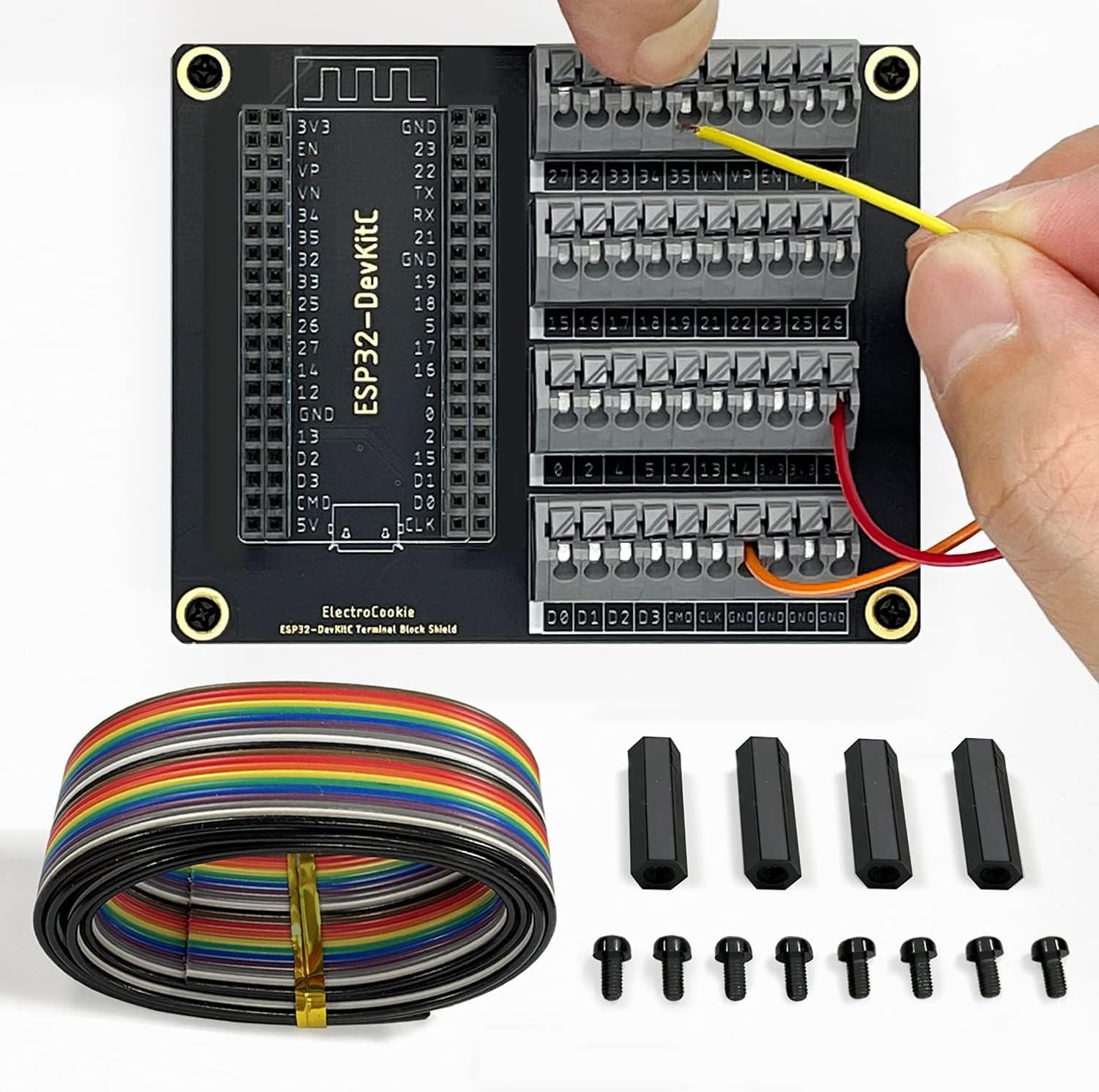 Electrocookie ESP32 Terminal Block Shield Kit, Compatible for Esp32-Devkitc, Push-In Simple Spring Connector Expansion PCB Module image number 1