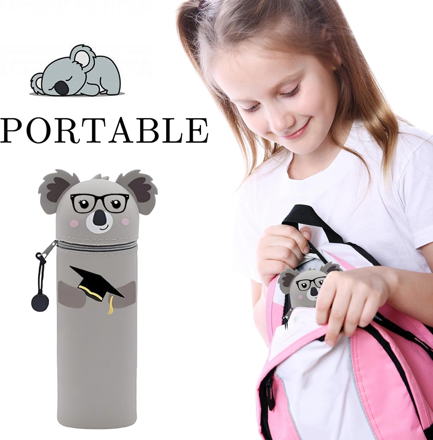 HOPEYMY26 1 Piece Kawaii Pencil Case, Pencil Case Girls, Animal Pen Holder 2-In-1 Zipper Design Silicone Material, Suitable for Storing Colouring Pencils, Markers, H 20 Cm (Koala) image number 3
