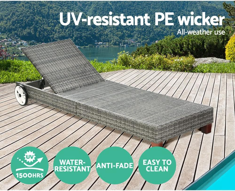 Gardeon Sun Lounge Camping Chair Wicker Lounger Rattan Day Bed, Chaise Beach Chairs Outdoor Furniture Garden Patio Setting Pool Backyard, with Wheels Cushion Adjustable Backrest Grey