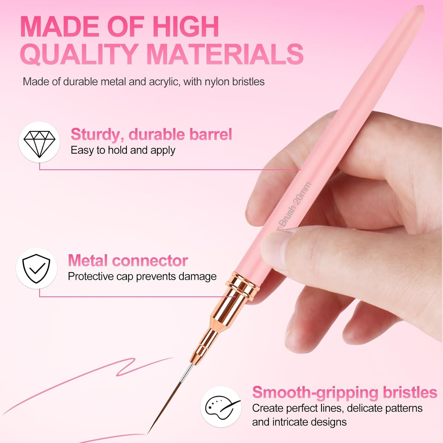 Sularpek Nail Art Liner Brushes, 5Pcs Nail Painting Design Brush Set for DIY & Professional Use - Fine Drawing, Long Lines, Thin Details - Sizes 4/8/12/20/25Mm, Pink